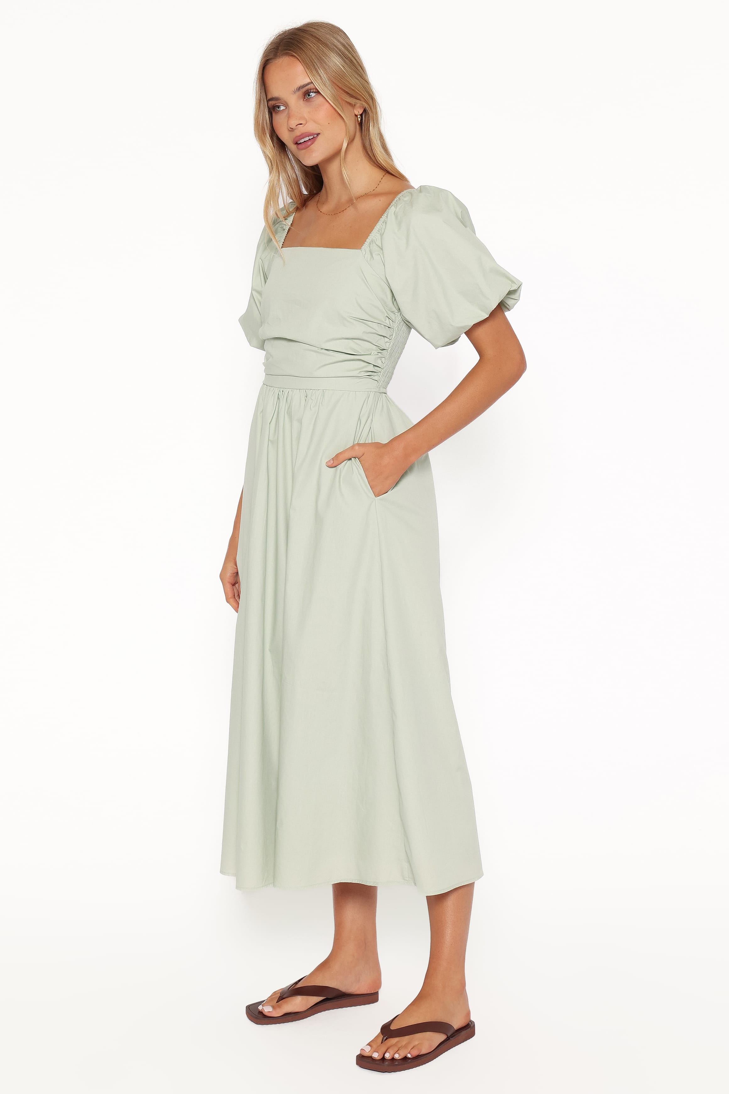 Clo Puff Sleeve Midi Dress - Sage Green