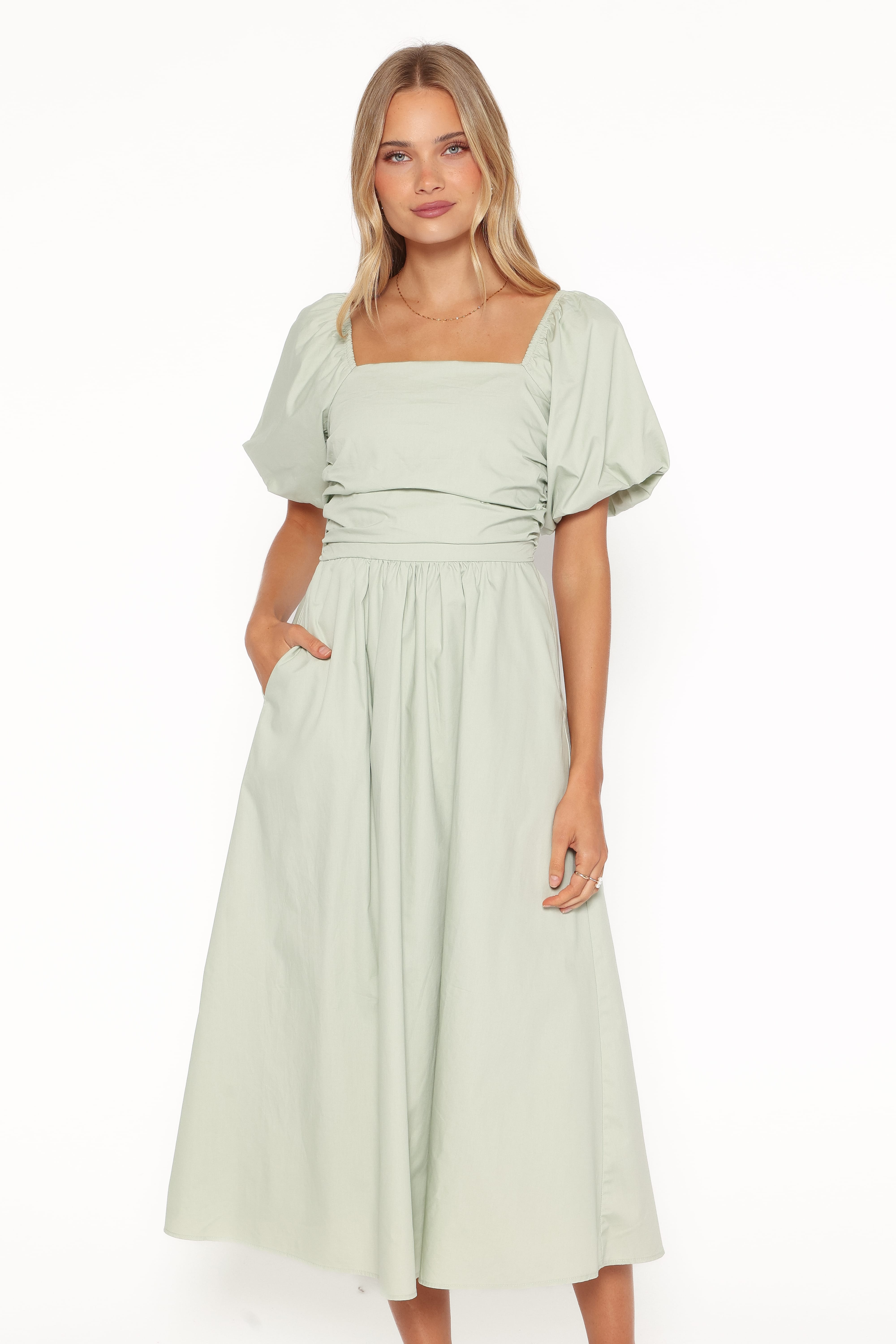 Clo Puff Sleeve Midi Dress - Sage Green