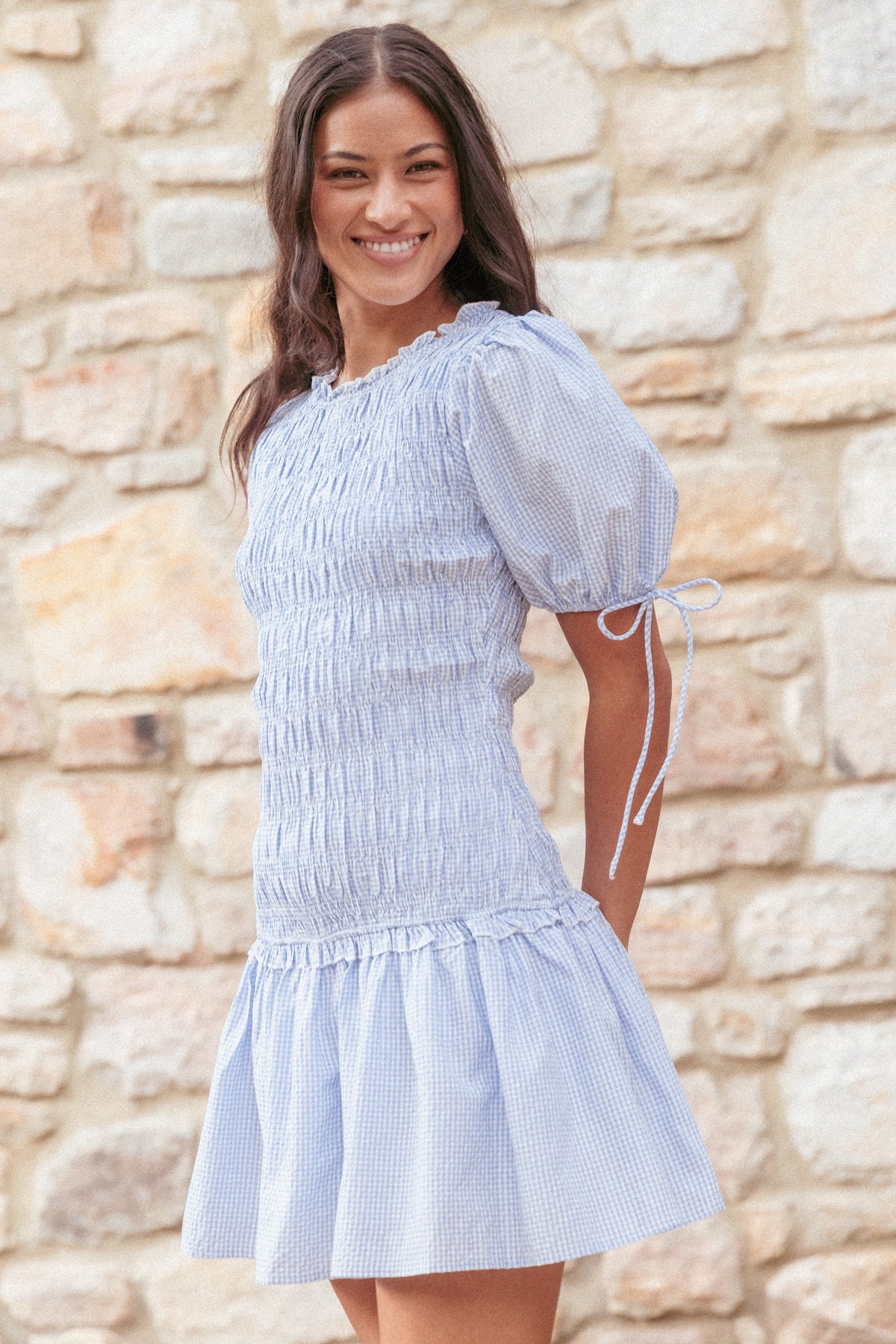 Kaelyn Gather Mini Dress - Blue Gingham