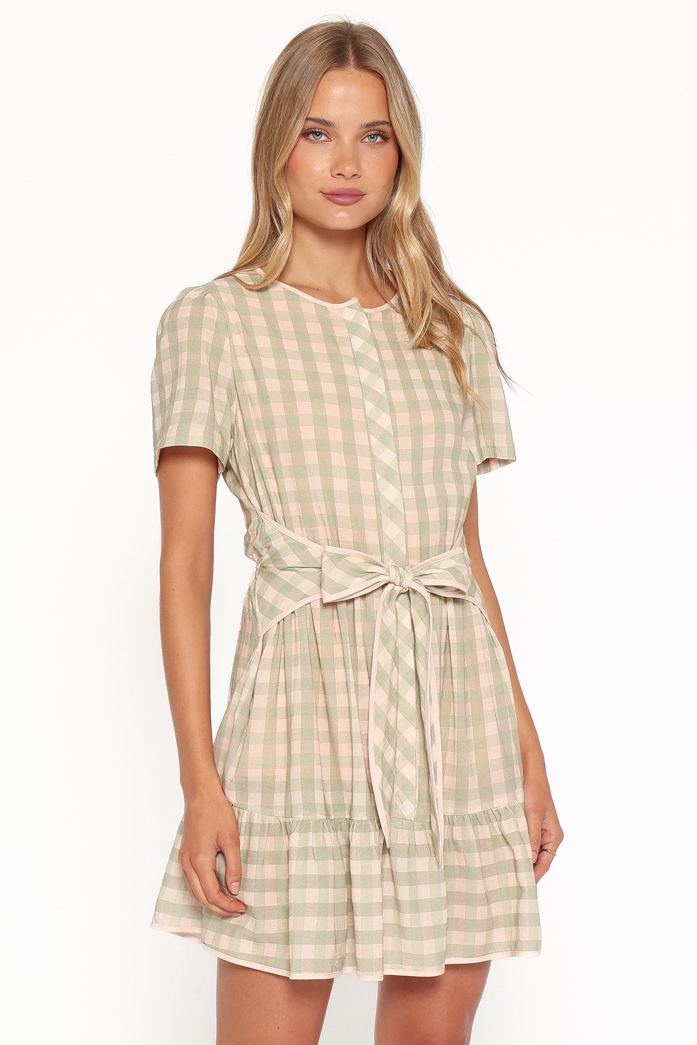 Lorry Tie Front Mini Dress - Green/Pink Gingham
