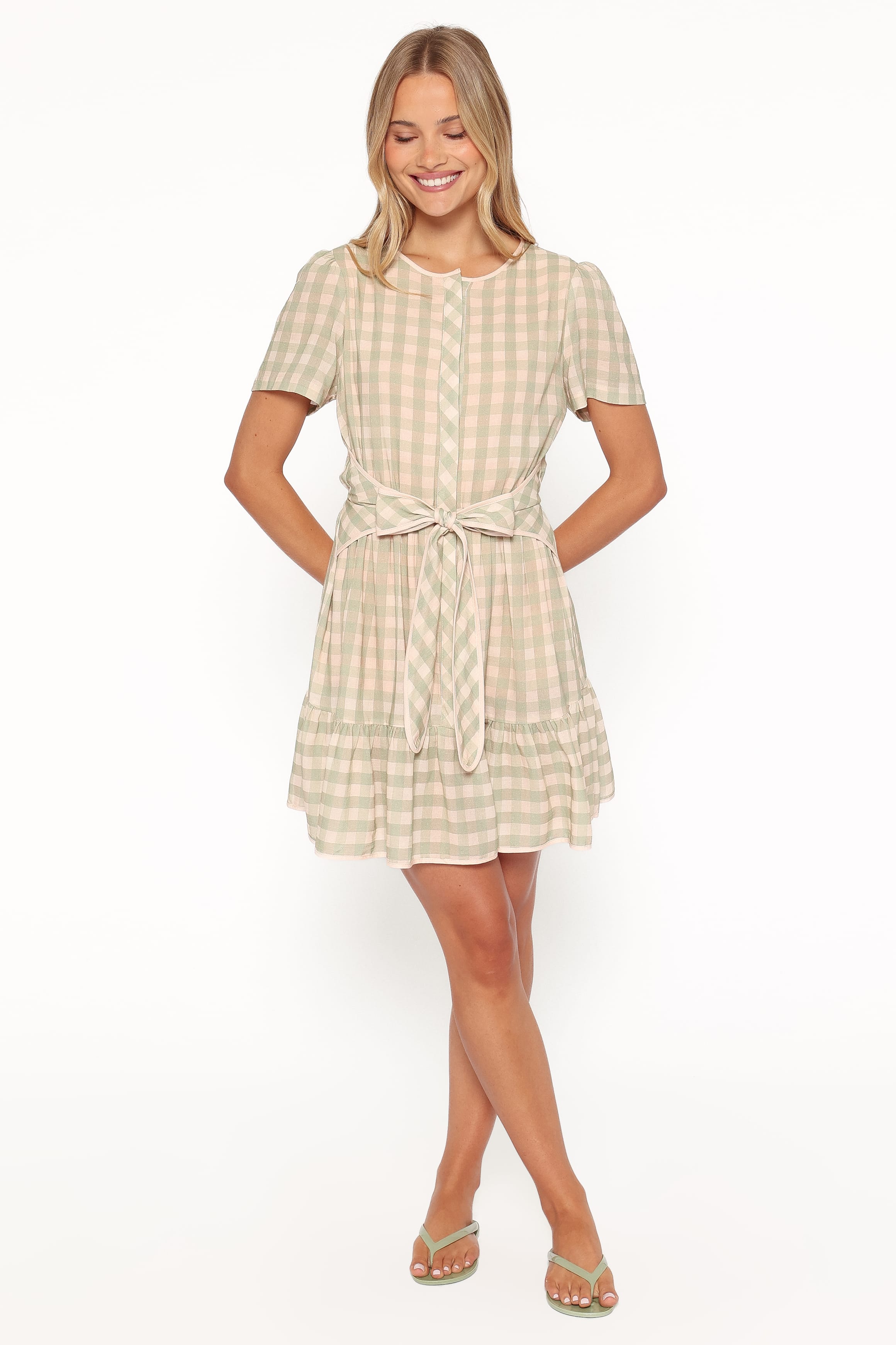 Lorry Tie Front Mini Dress - Green/Pink Gingham