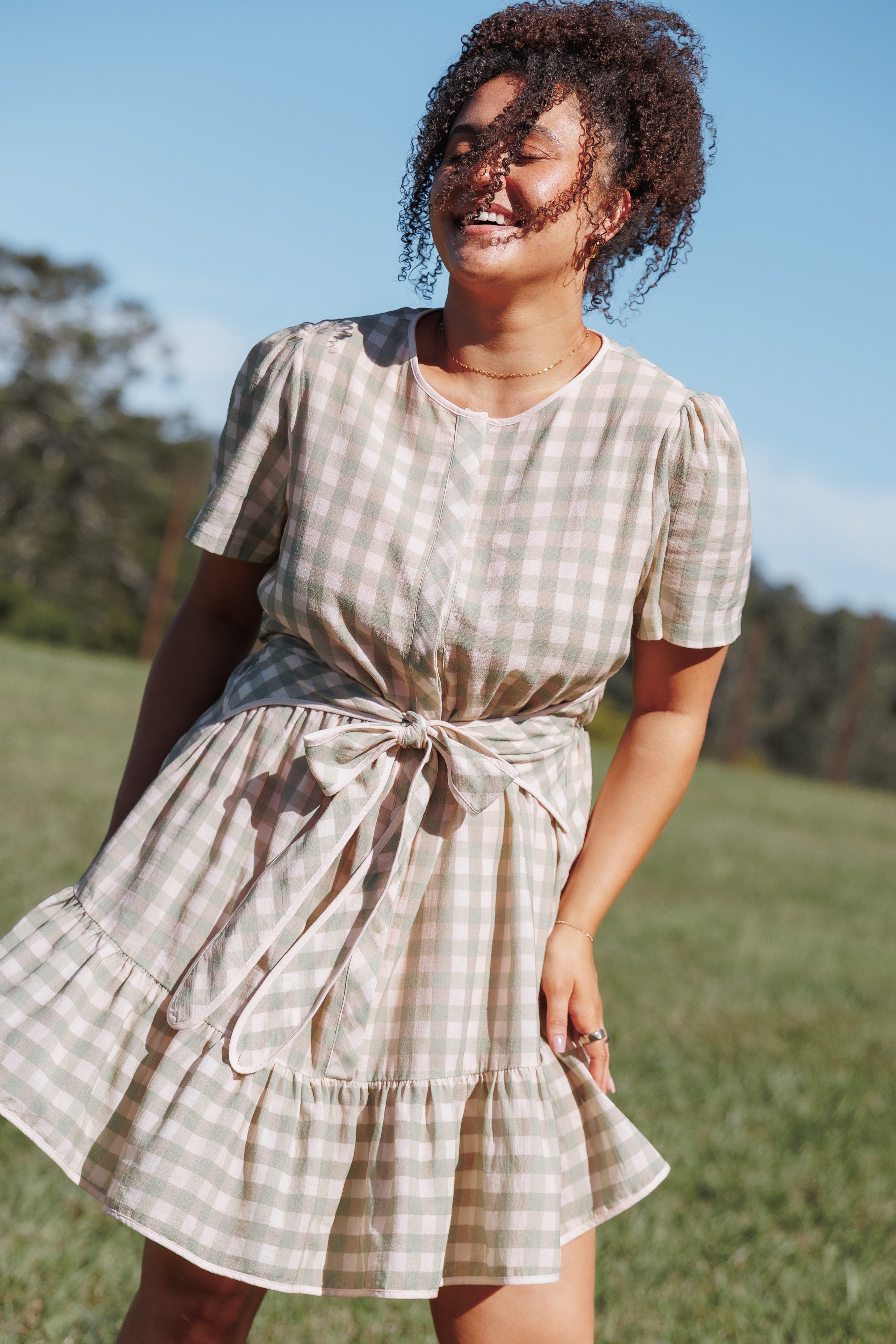 Lorry Tie Front Mini Dress - Green/Pink Gingham