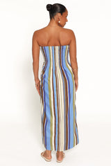 Nella Strapless Maxi Dress - Blue/Khaki Stripe