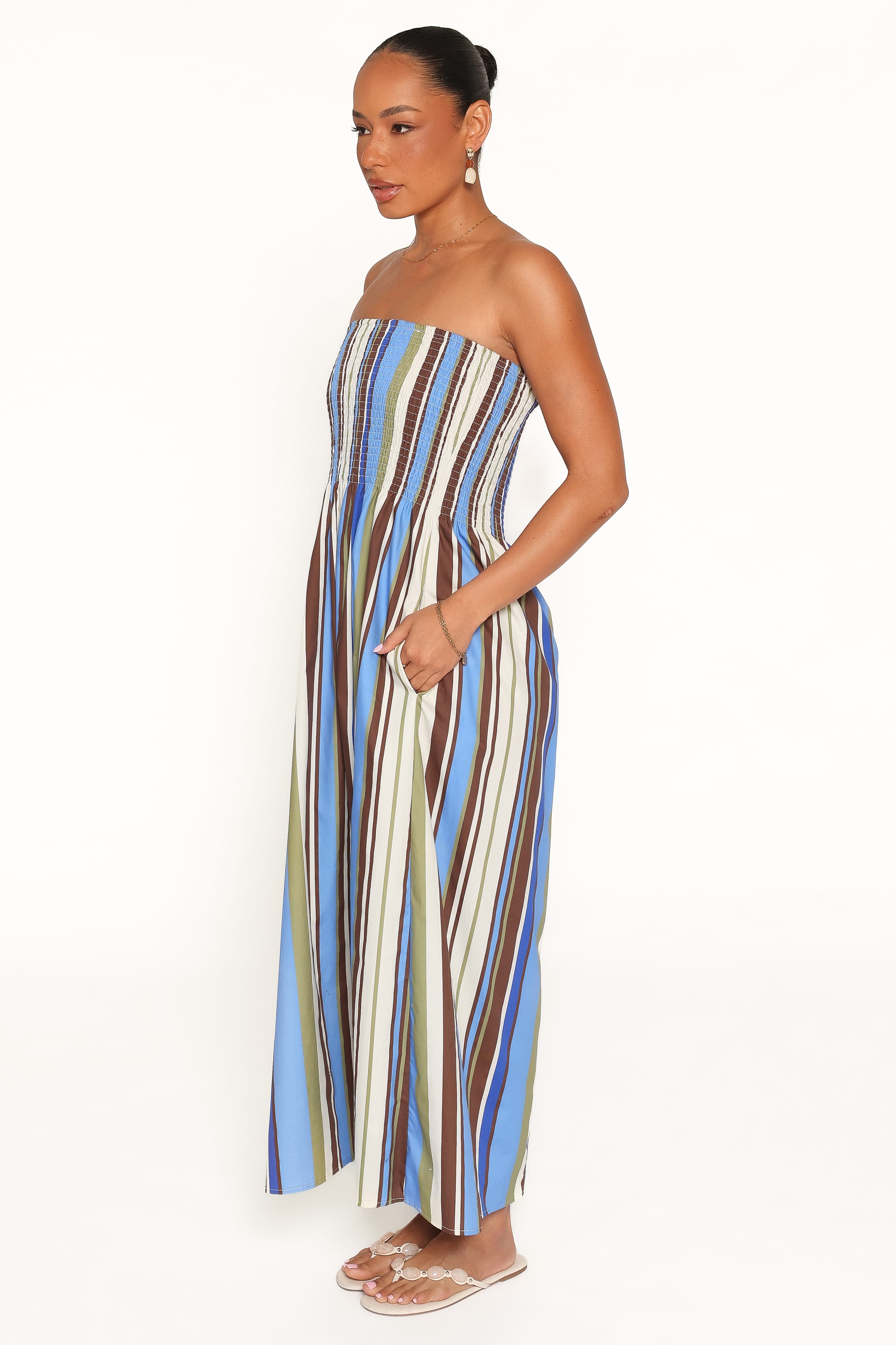 Nella Strapless Maxi Dress - Blue/Khaki Stripe