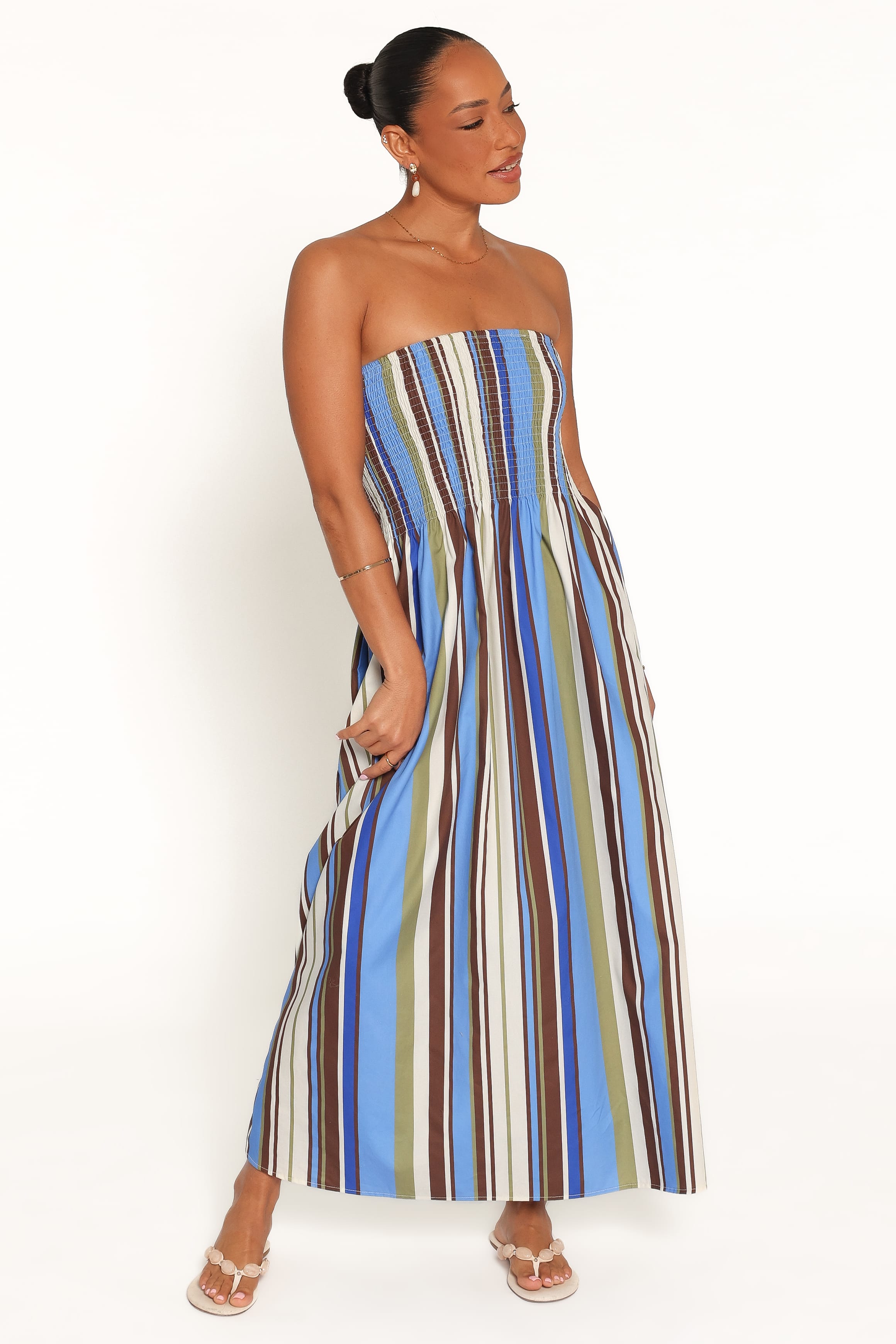 Nella Strapless Maxi Dress - Blue/Khaki Stripe