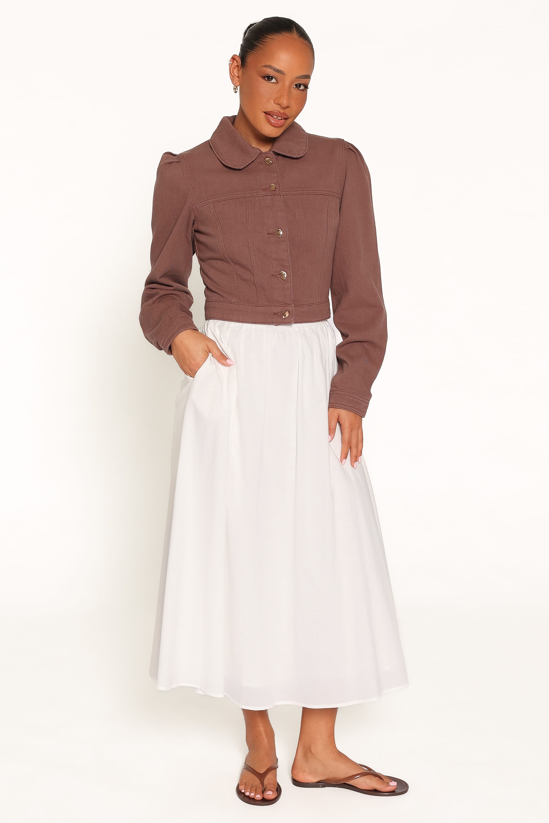 Faven Cropped Denim Jacket - Chocolate Brown