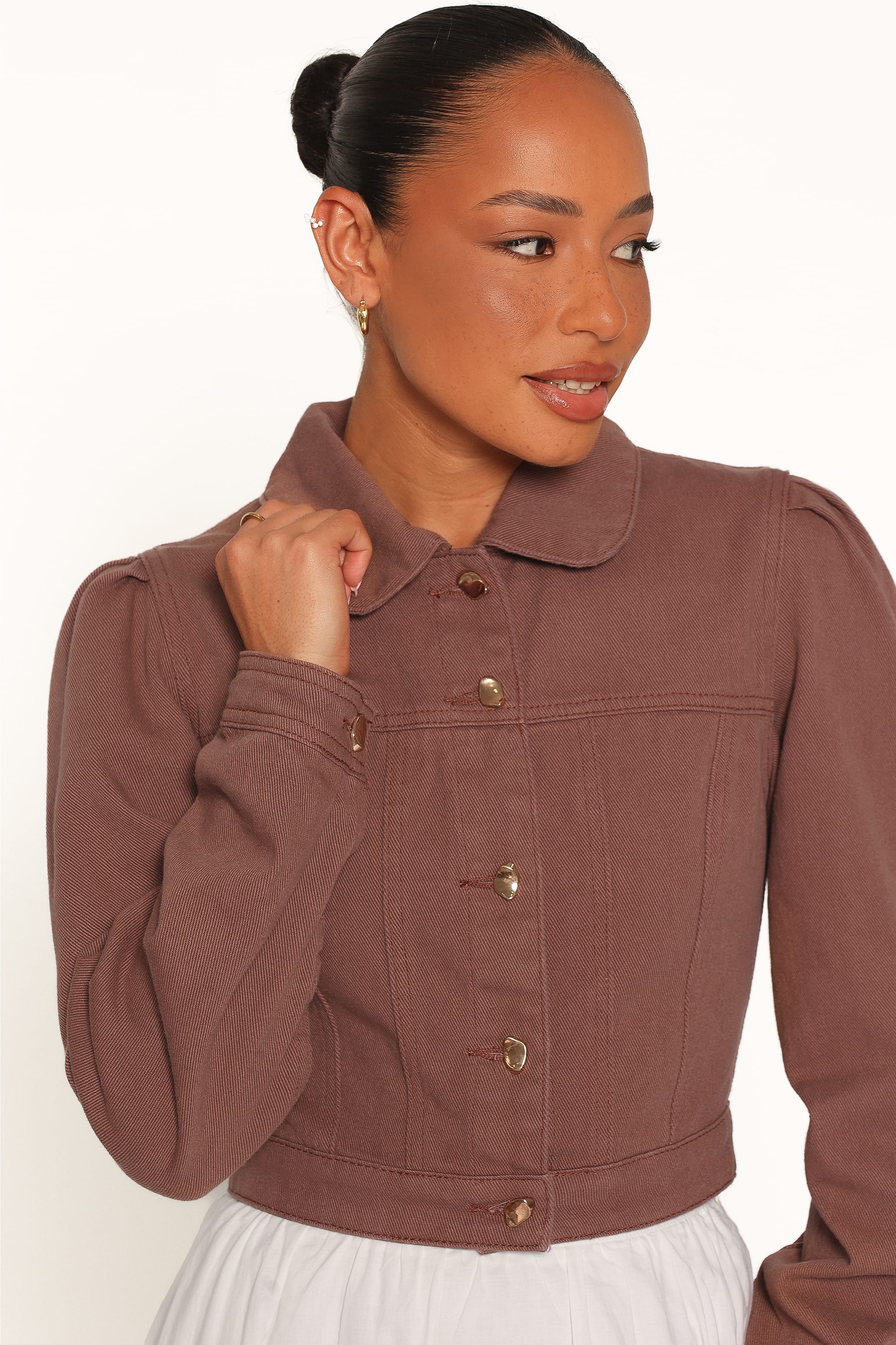 Faven Cropped Denim Jacket - Chocolate Brown