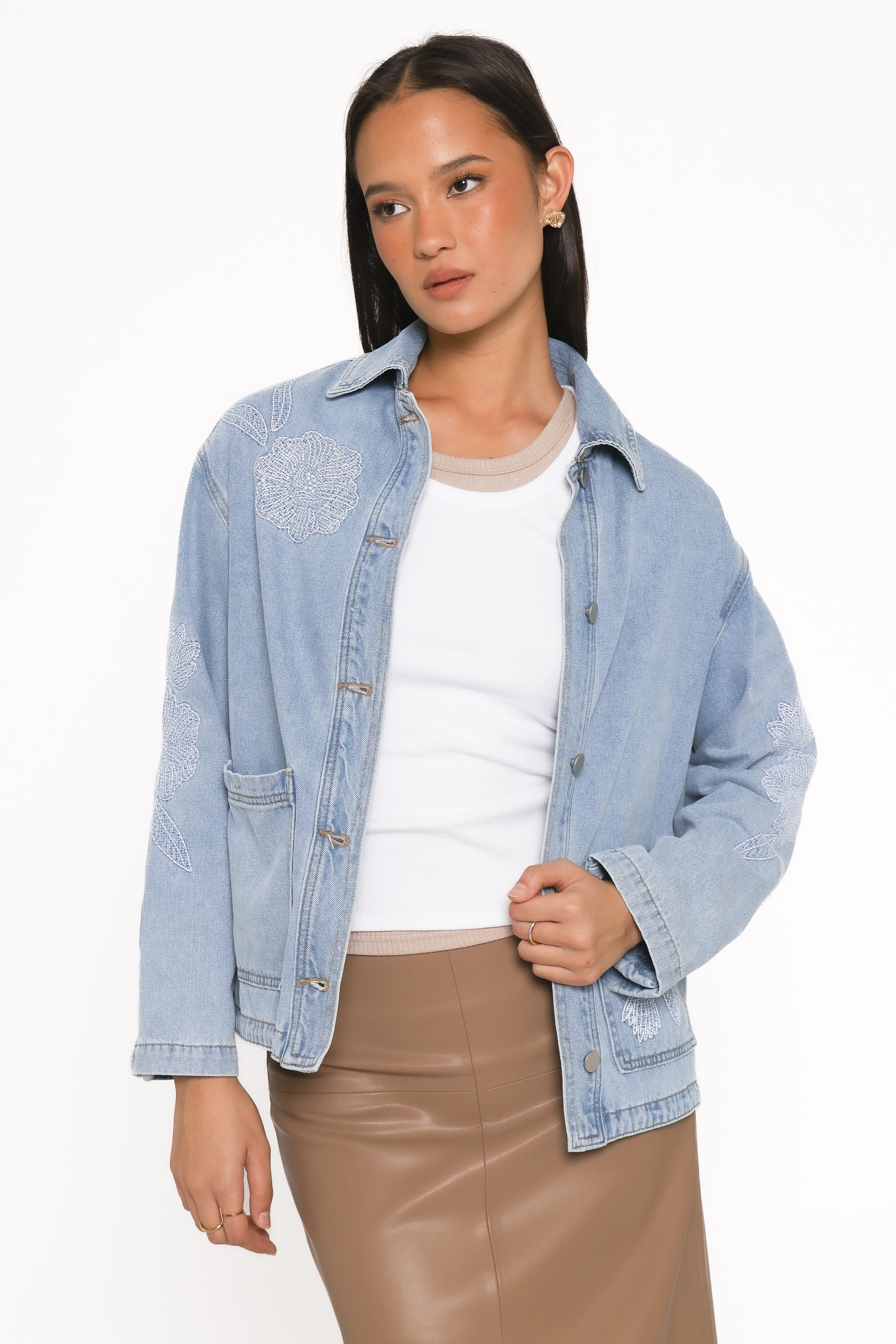 Mora Embroidered Denim Shacket - Light Wash