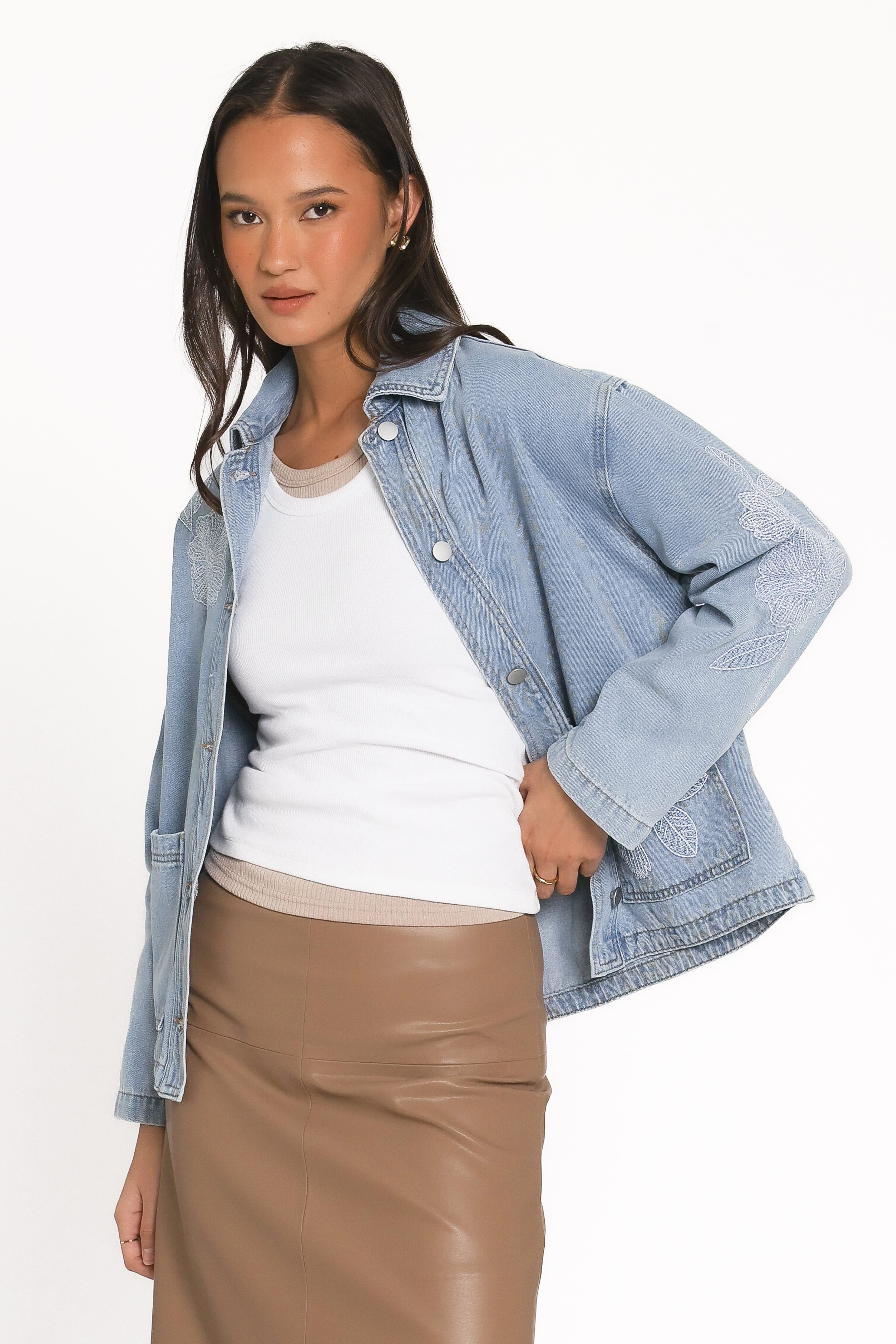 Mora Embroidered Denim Shacket - Light Wash