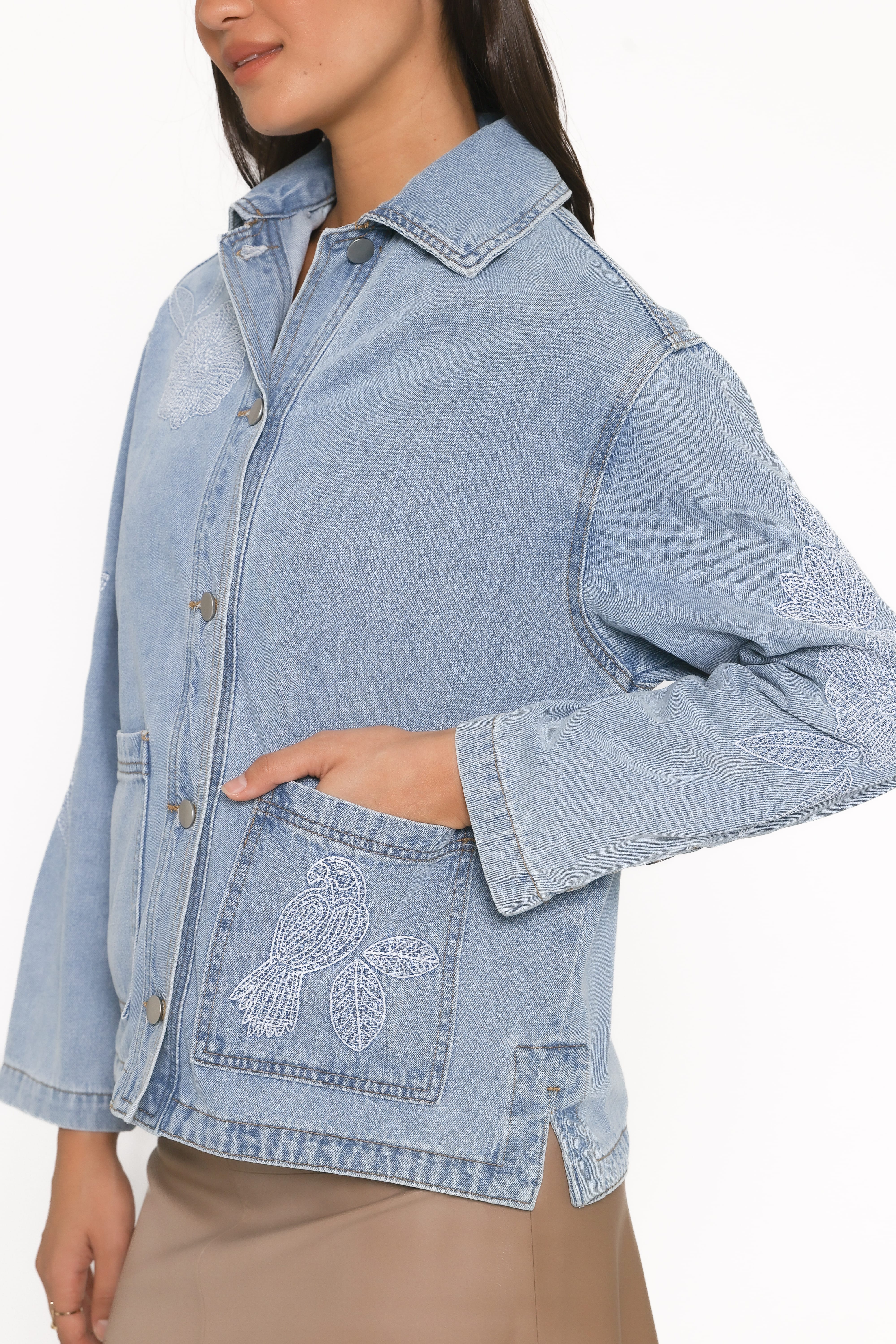 Mora Embroidered Denim Shacket - Light Wash