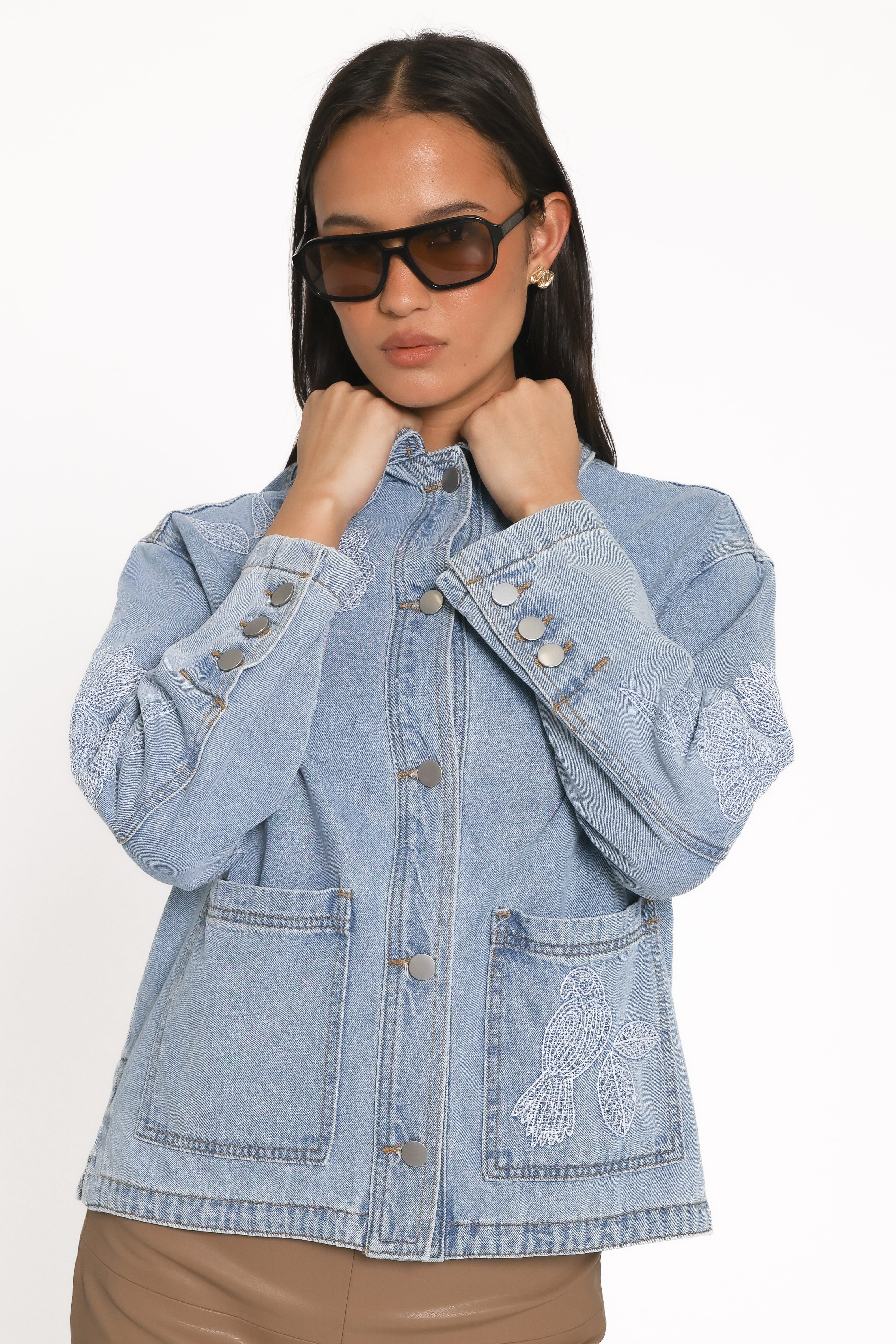 Mora Embroidered Denim Shacket - Light Wash