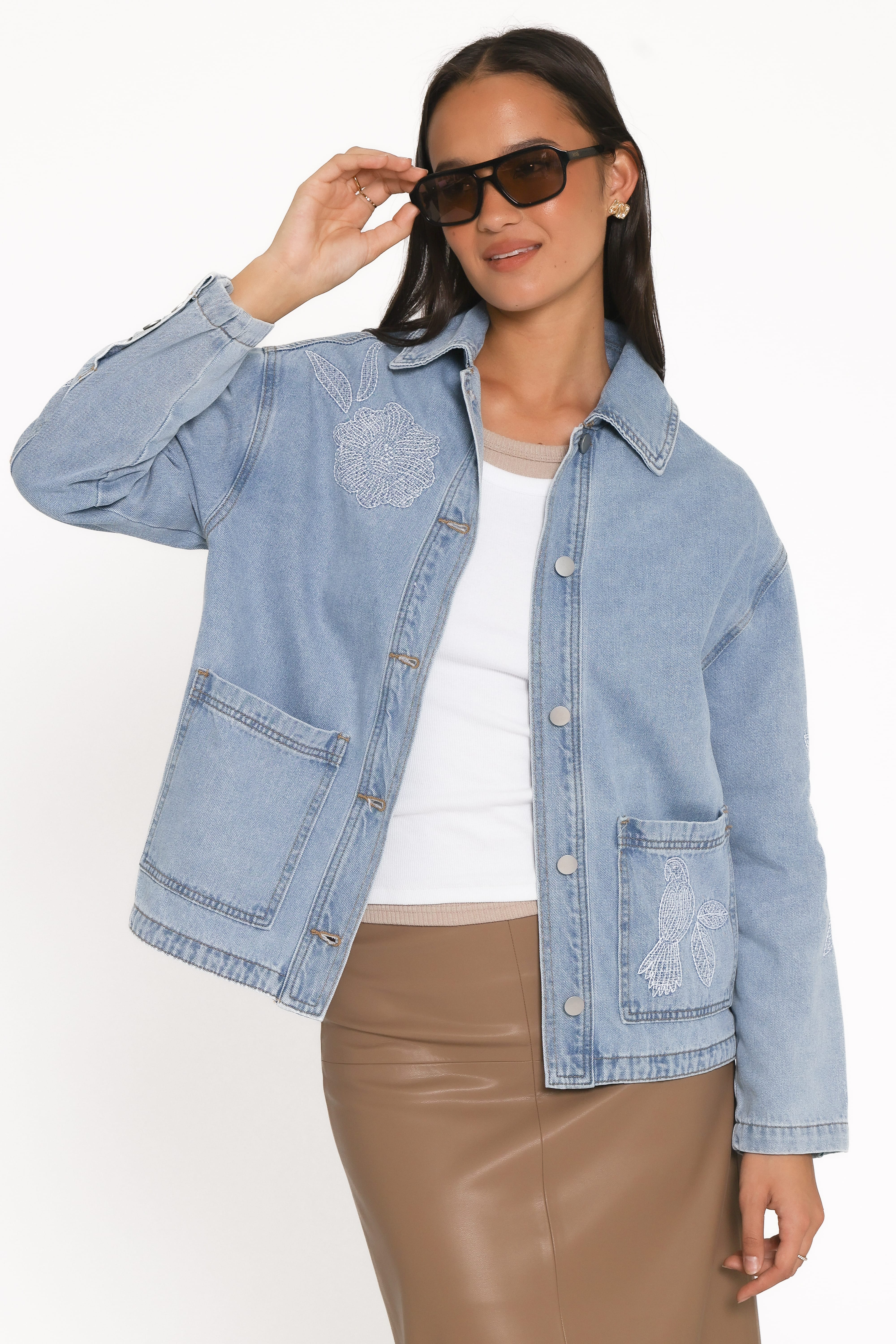 Mora Embroidered Denim Shacket - Light Wash