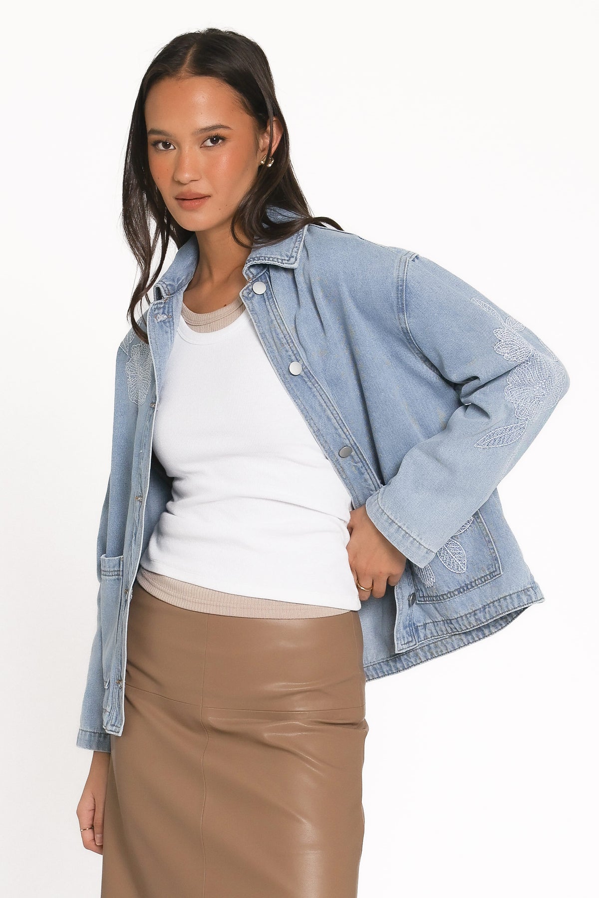 Mora Embroidered Denim Shacket - Light Wash