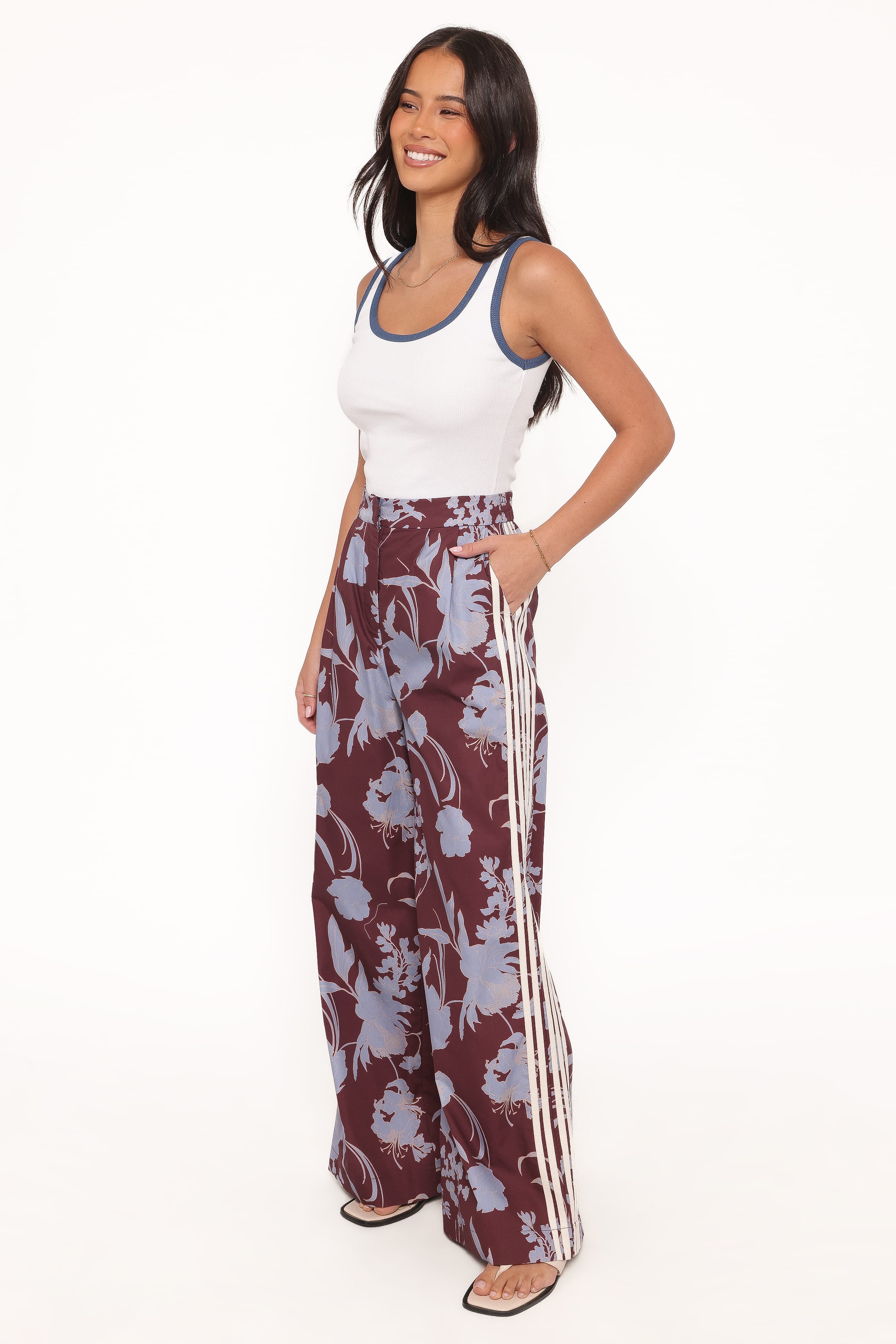 Aine Wide Leg Tailored Pant - Burgundy Floral