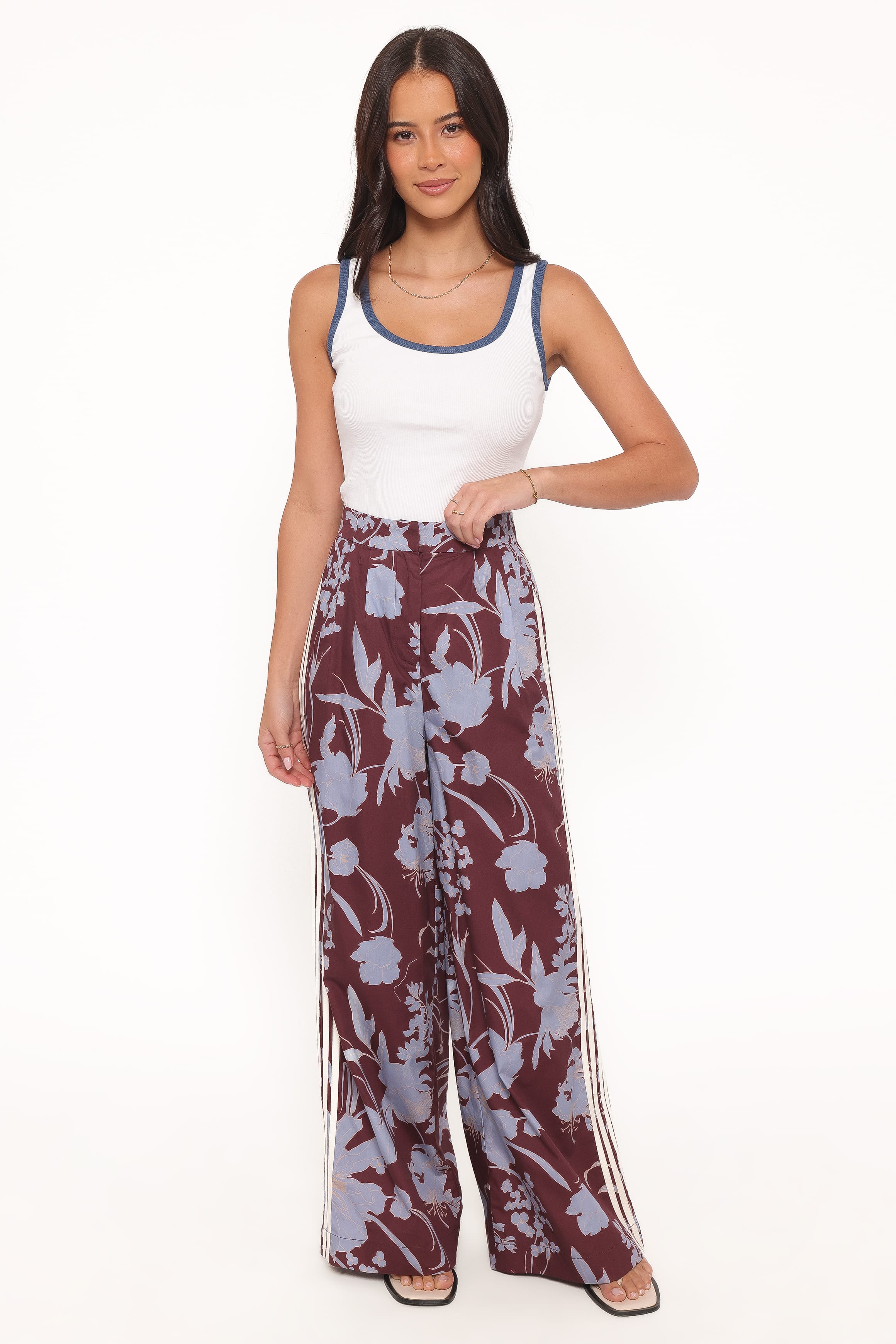 Aine Wide Leg Tailored Pant - Burgundy Floral