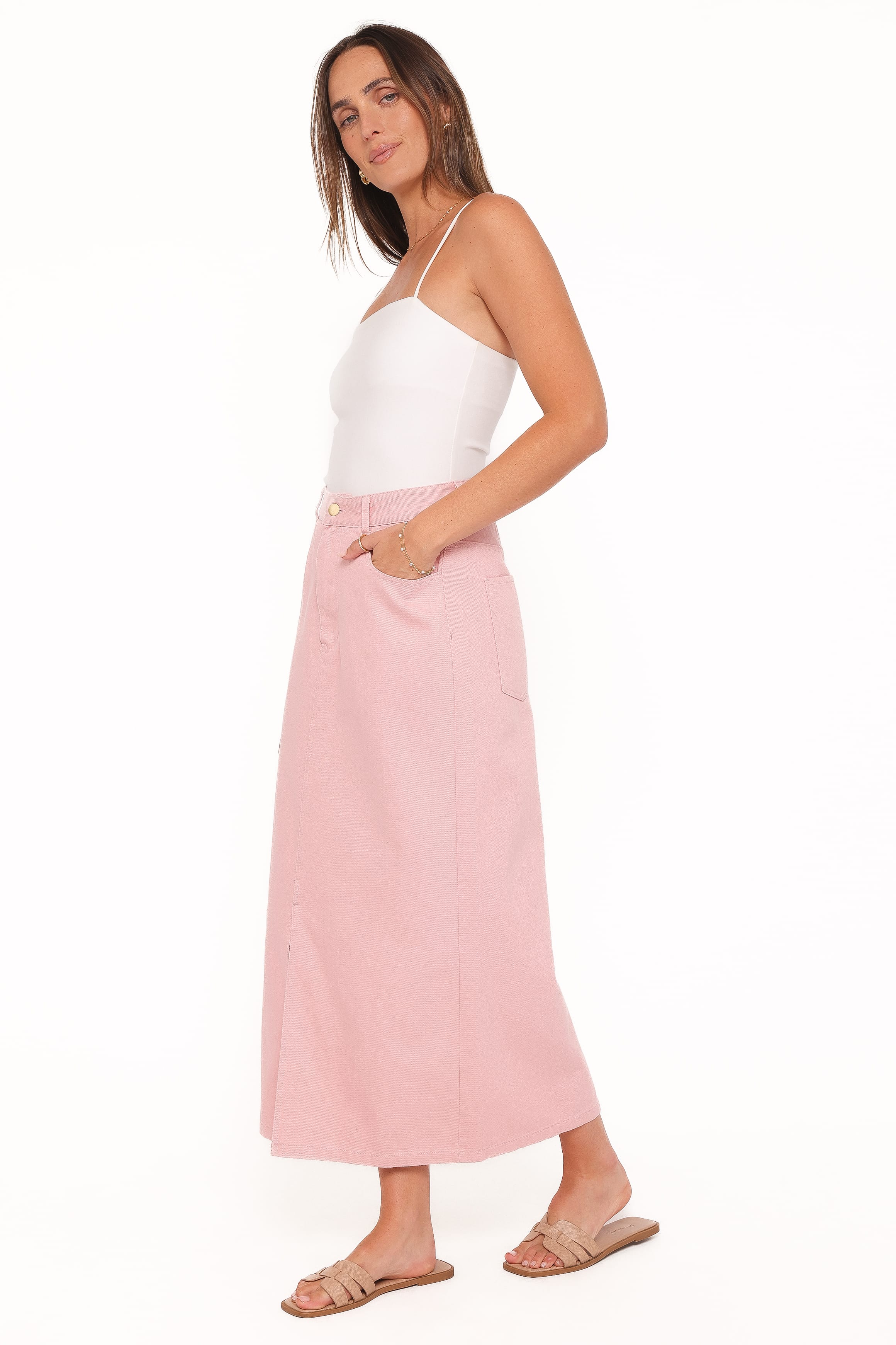 Dana Denim Midi Skirt - Dusty Pink