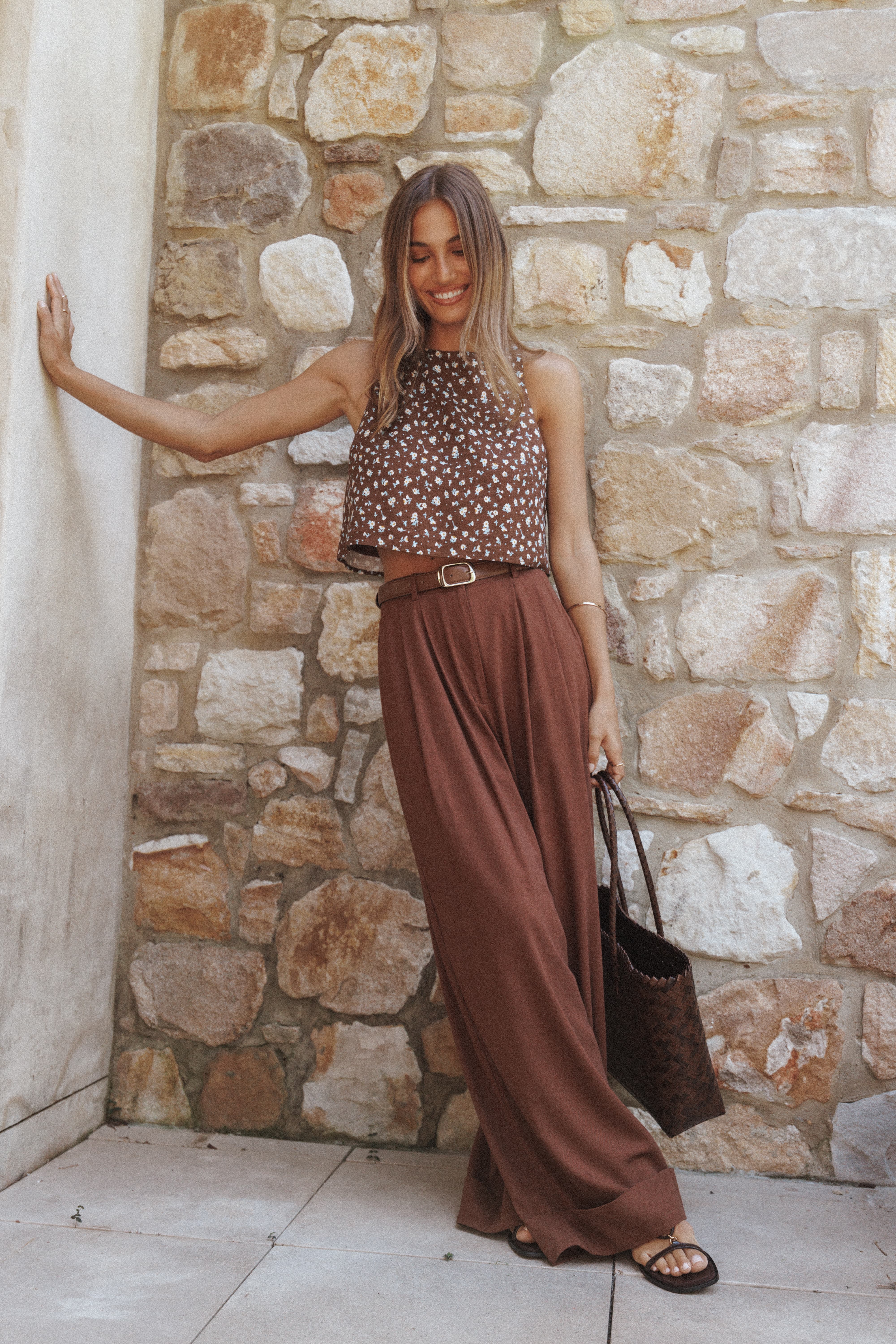 Elinor Cuffed Linen Pant - Brown