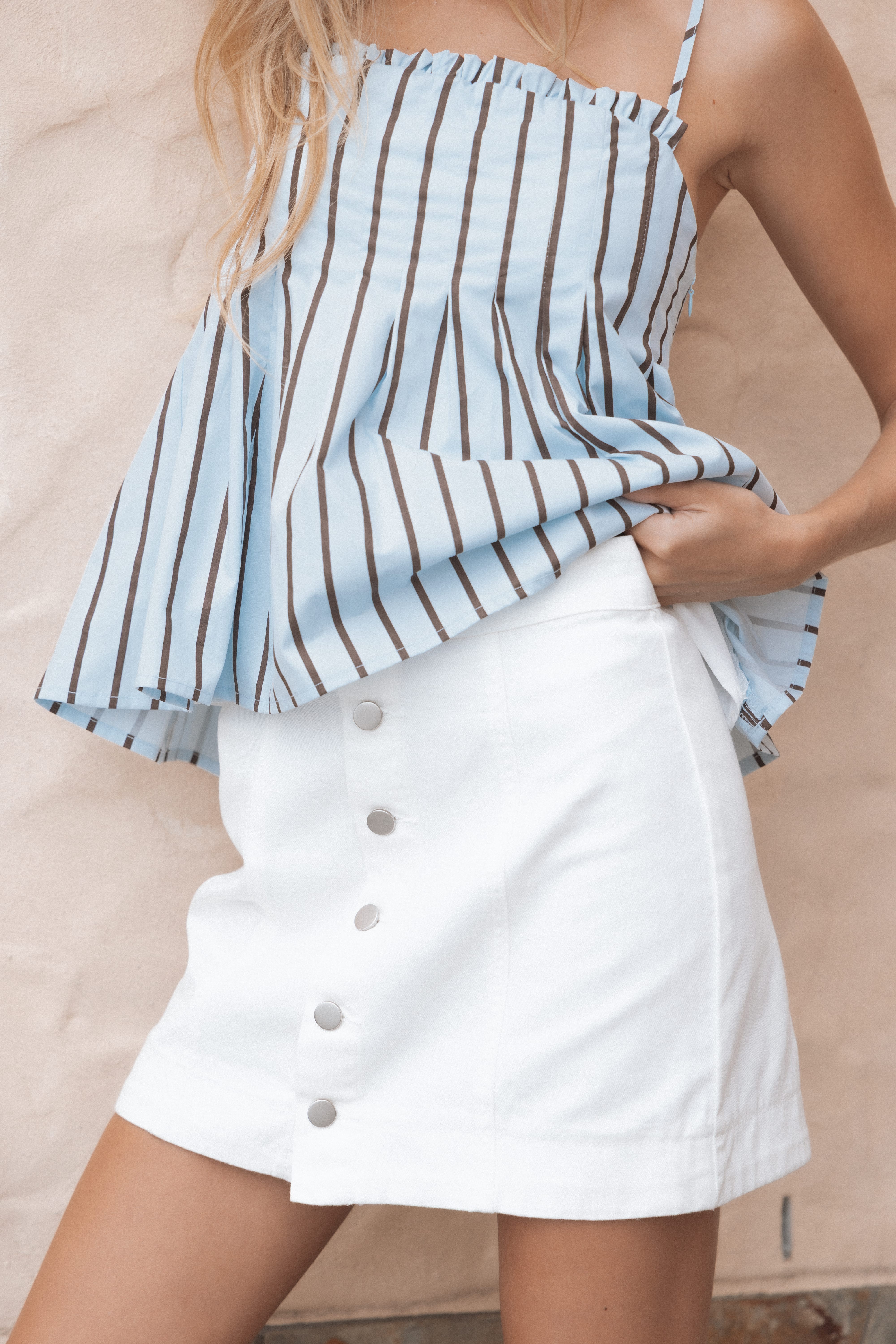 Sara Button Front Denim Mini Skirt - Off White