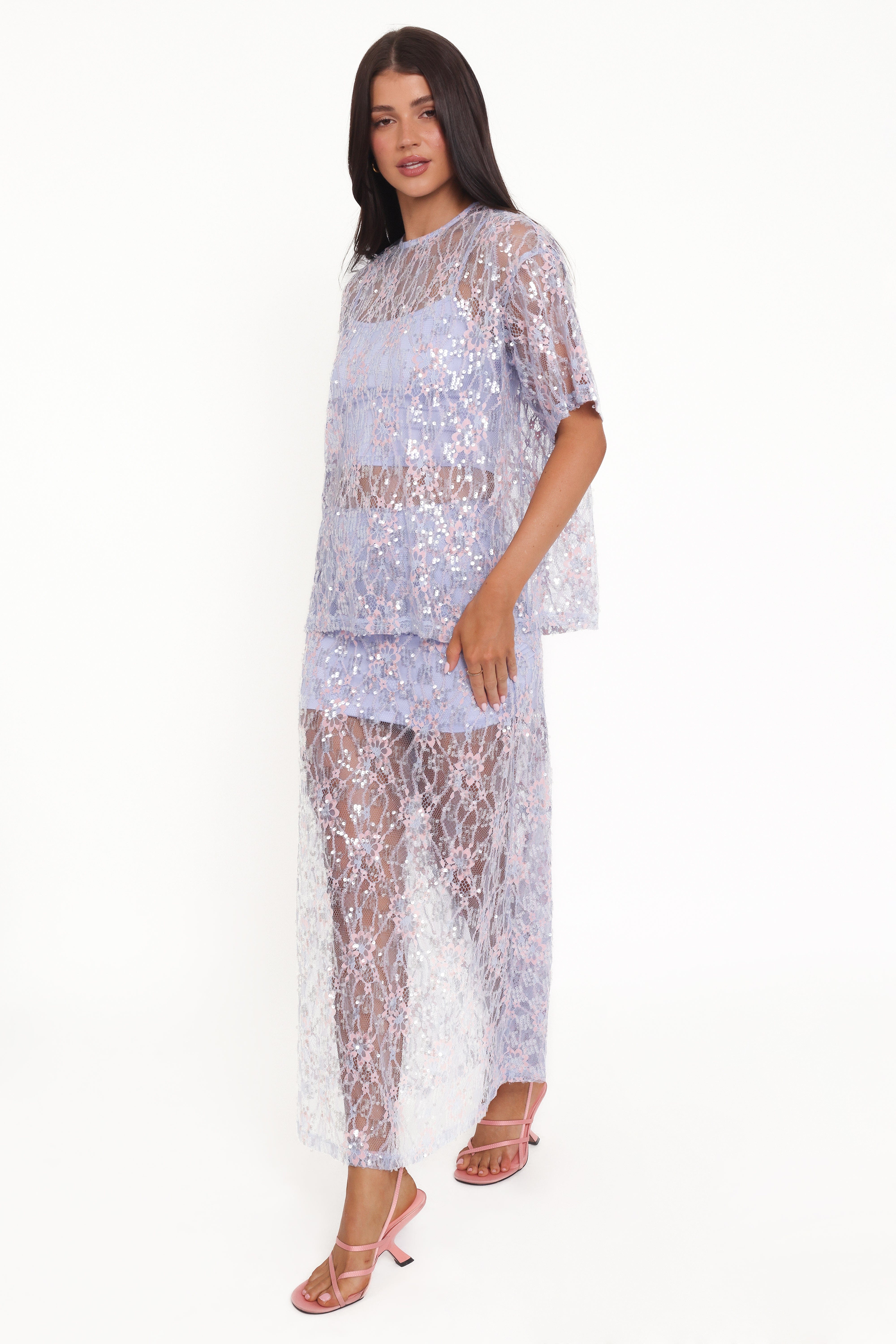 Yonder Sheer Panel Lace Maxi Skirt - Purple