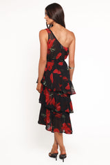 Brigette One Shoulder Tiered Midi Dress - Red Floral