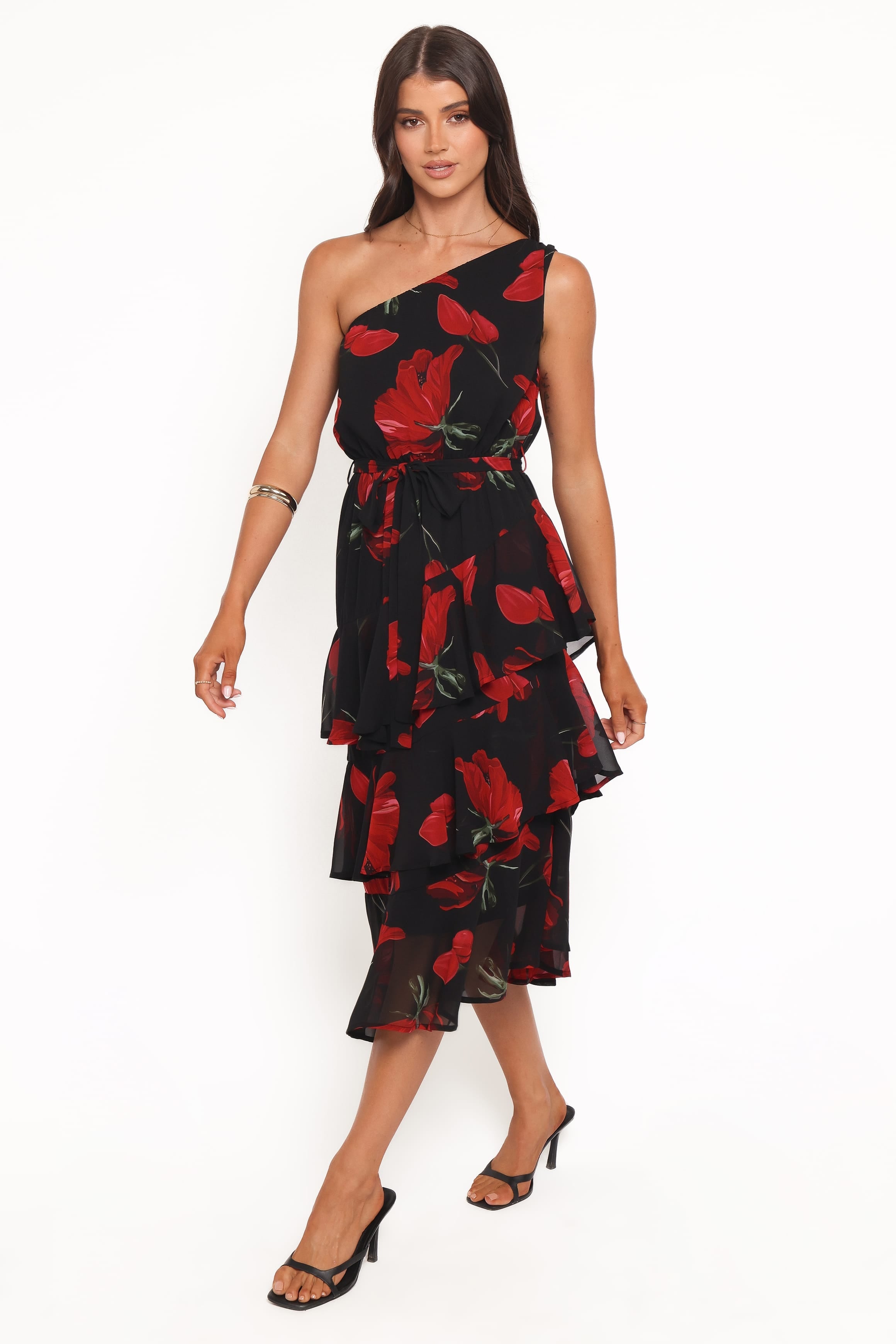 Brigette One Shoulder Tiered Midi Dress - Red Floral