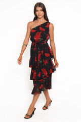 Brigette One Shoulder Tiered Midi Dress - Red Floral