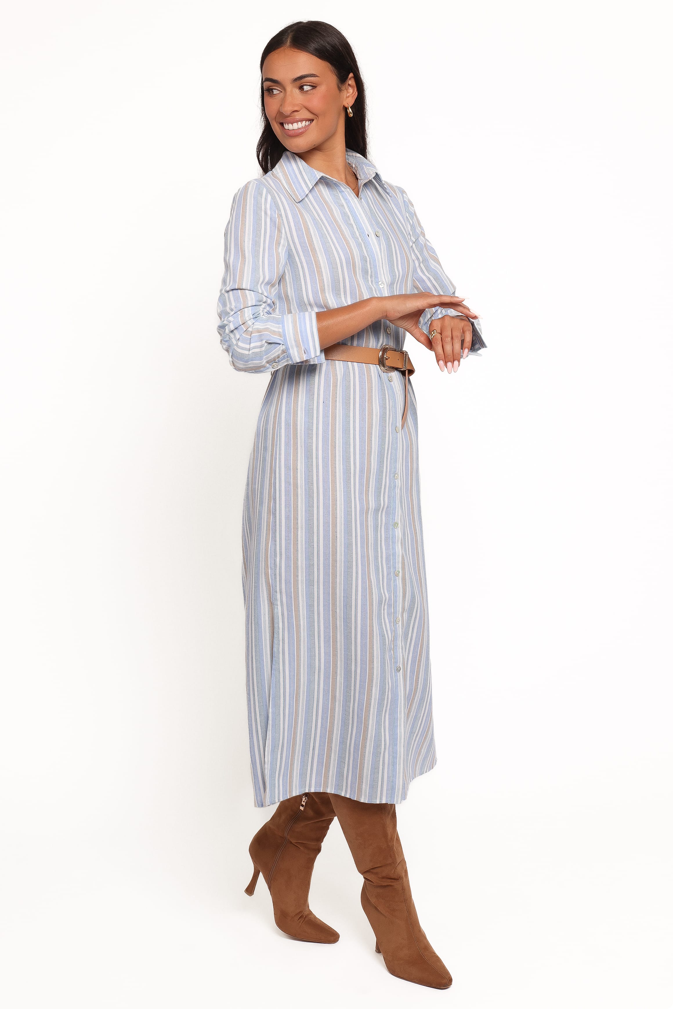 Caprice Long Sleeve Button Down Maxi Dress - Blue Stripe