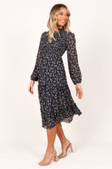 Edwina Shirred Frill Long Sleeve Midi Dress - Navy Floral