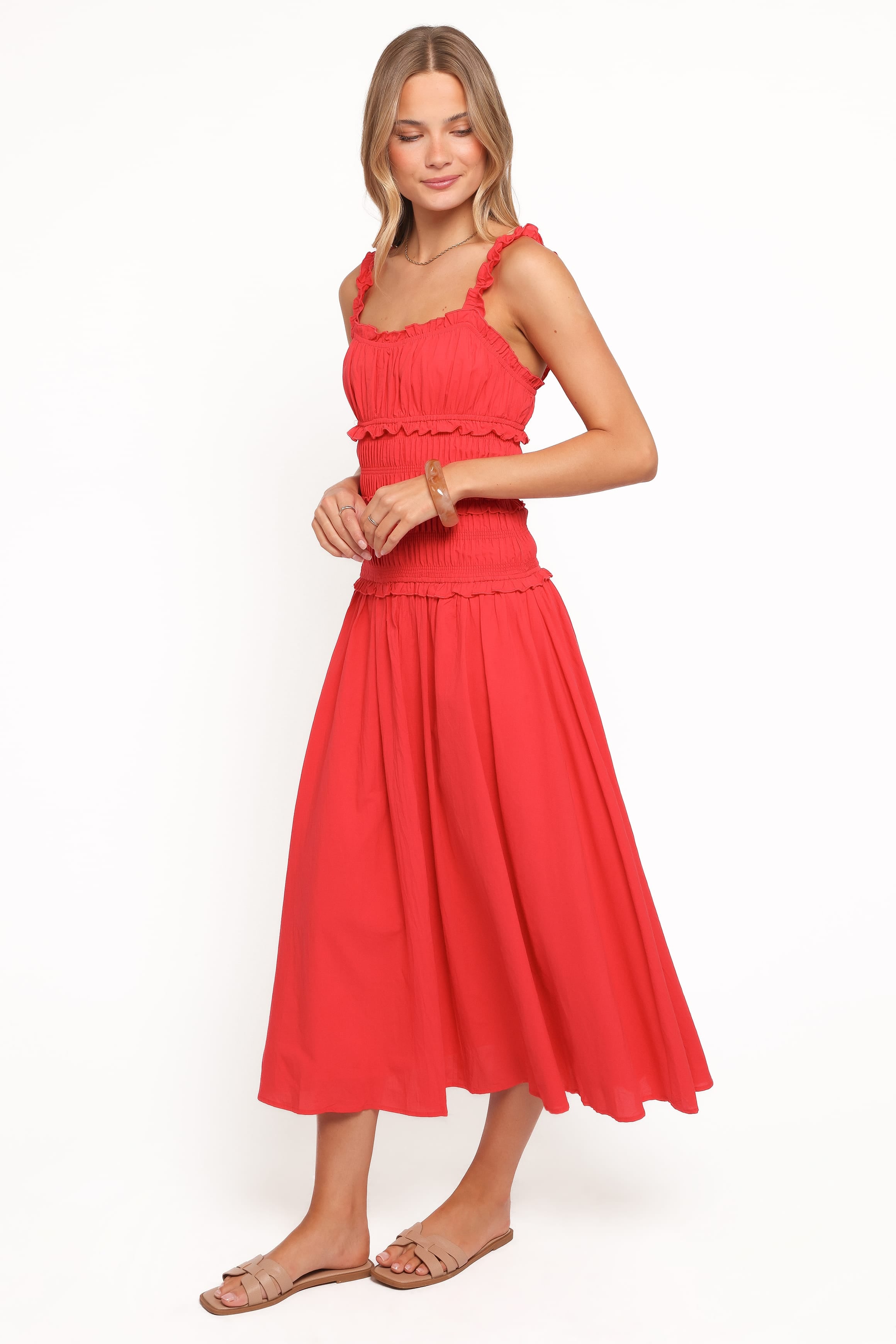 Enola Gather Midi Dress - Red