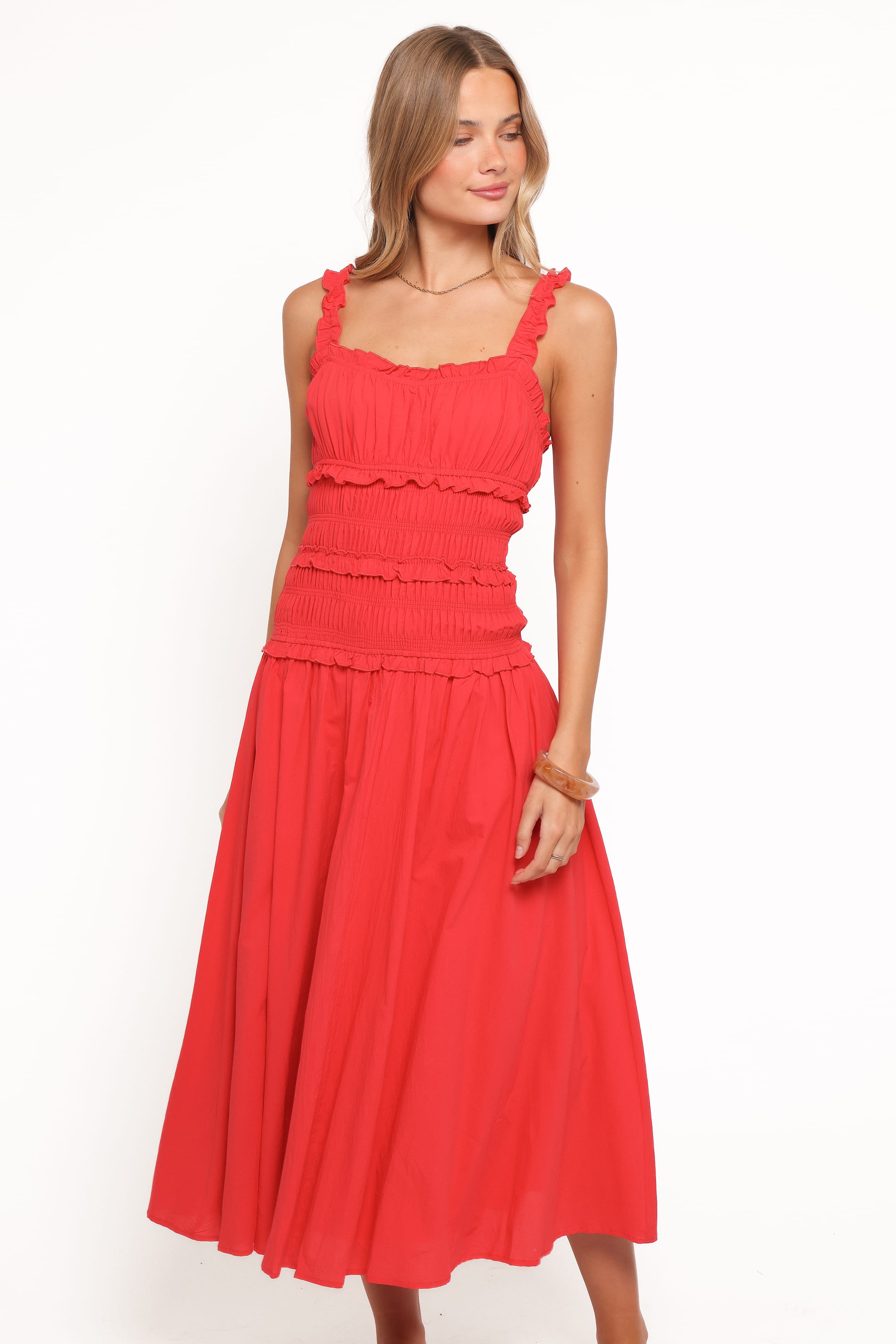 Enola Gather Midi Dress - Red