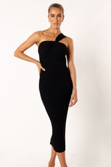 Halle One Shoulder Midi Dress - Black