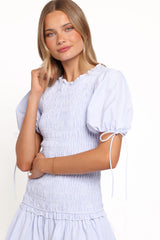 Kaelyn Gather Mini Dress - Blue Gingham