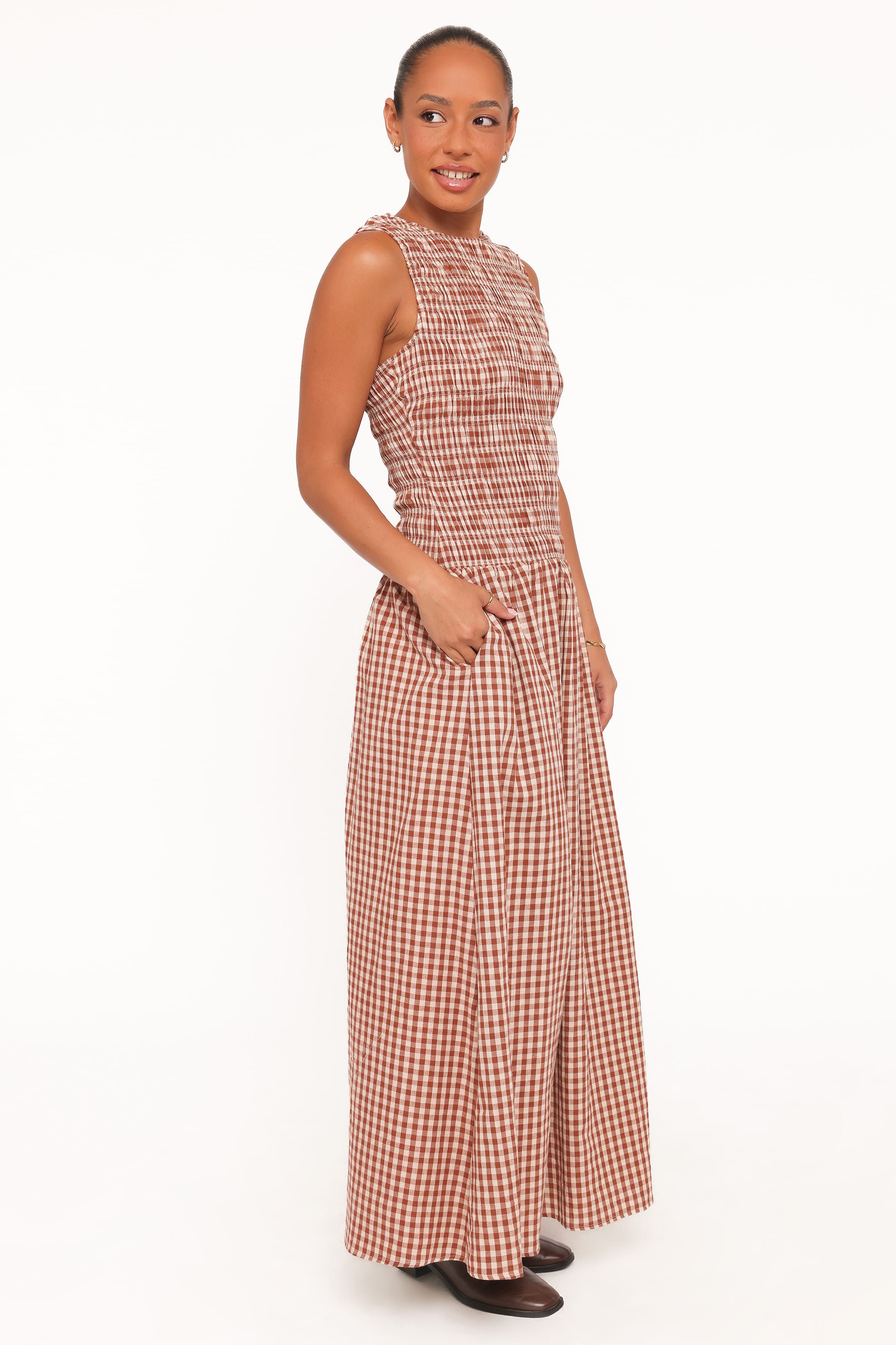 Maleny Maxi Dress - Brown Gingham