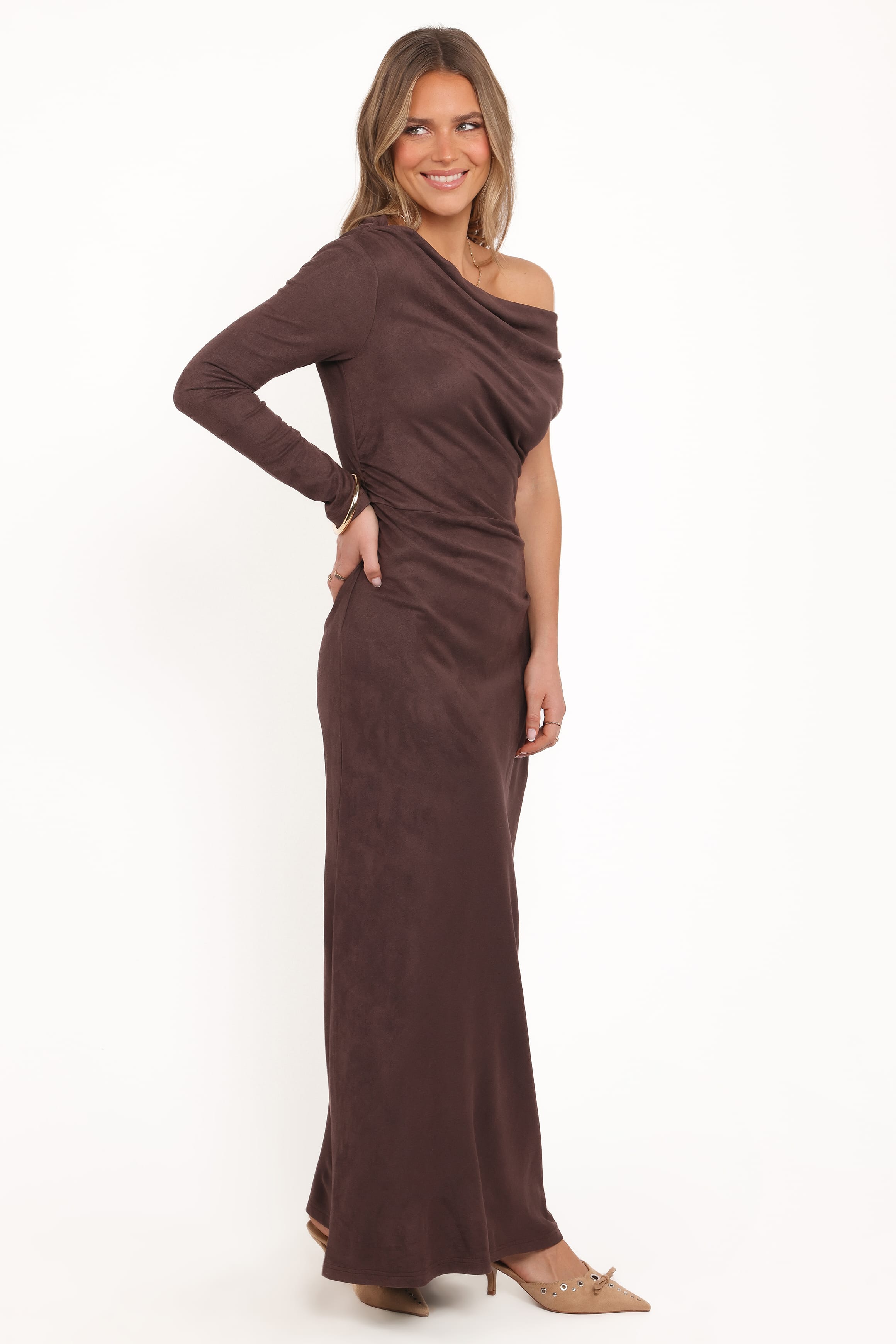 Olympia Off Shoulder Maxi Dress - Chocolate