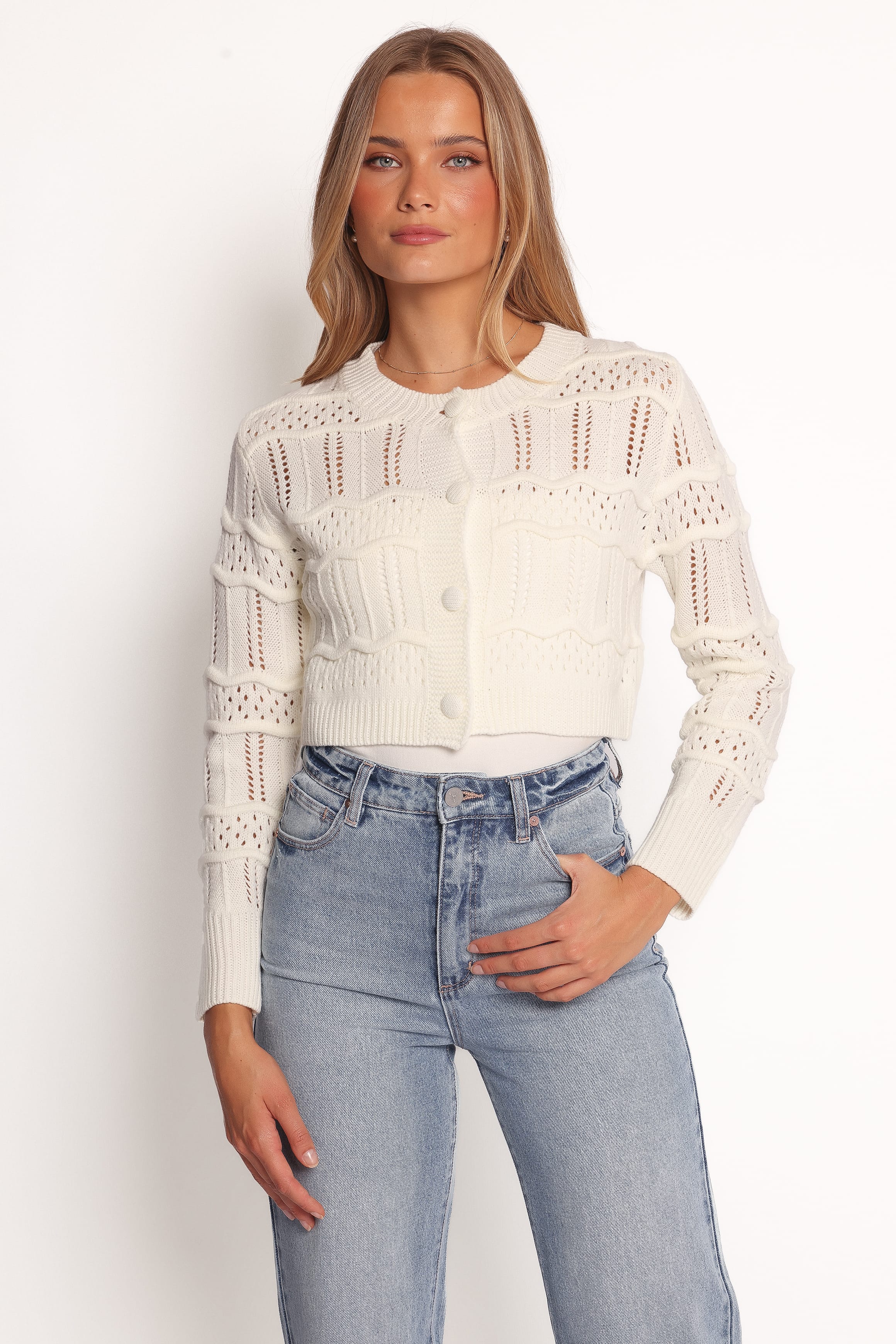 Aidy Crop Button Front Cardigan - White
