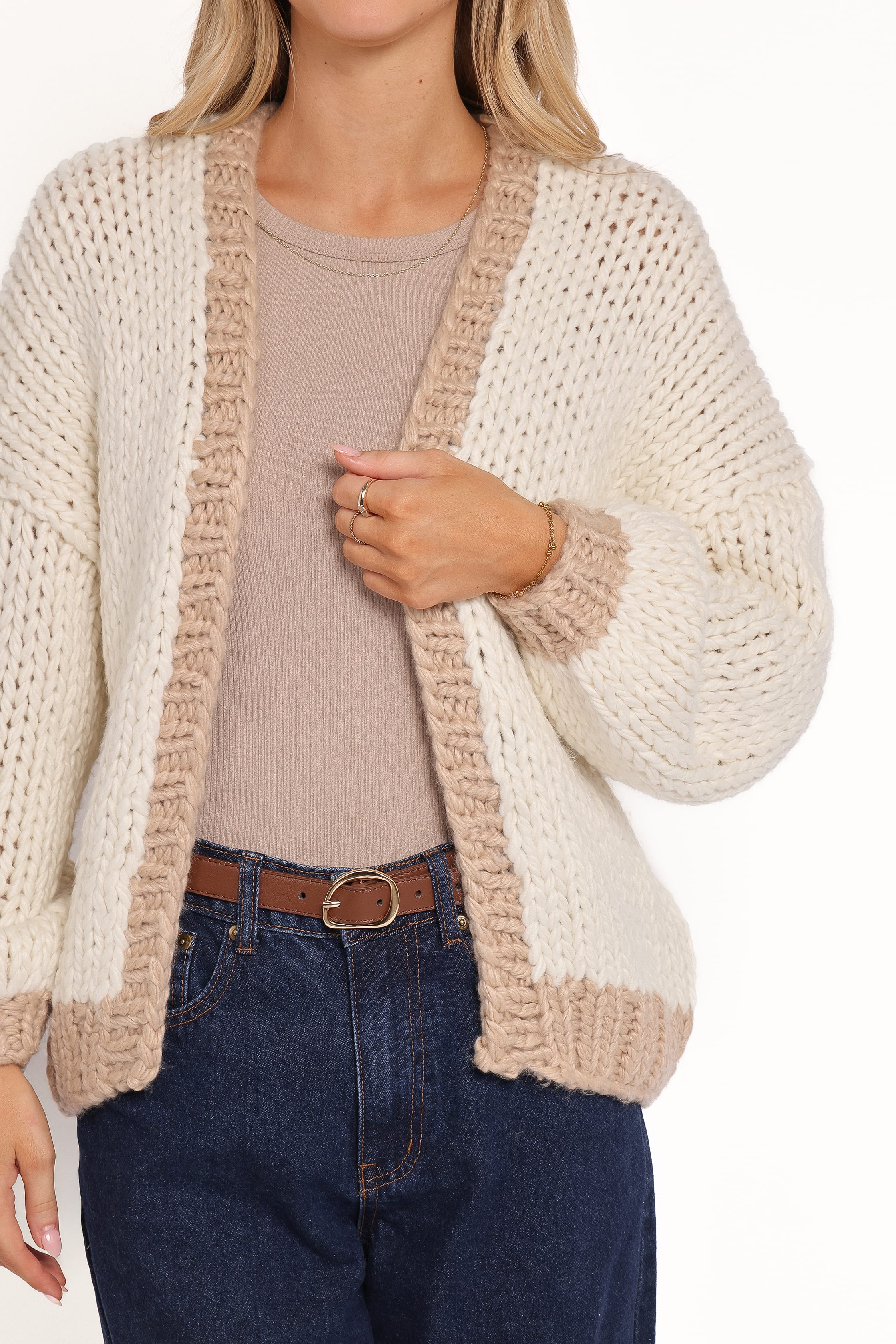Anige Contrast Trim Cardigan - Cream