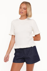 Emilie Short Sleeve Ruffle Crew Sweater - Cream