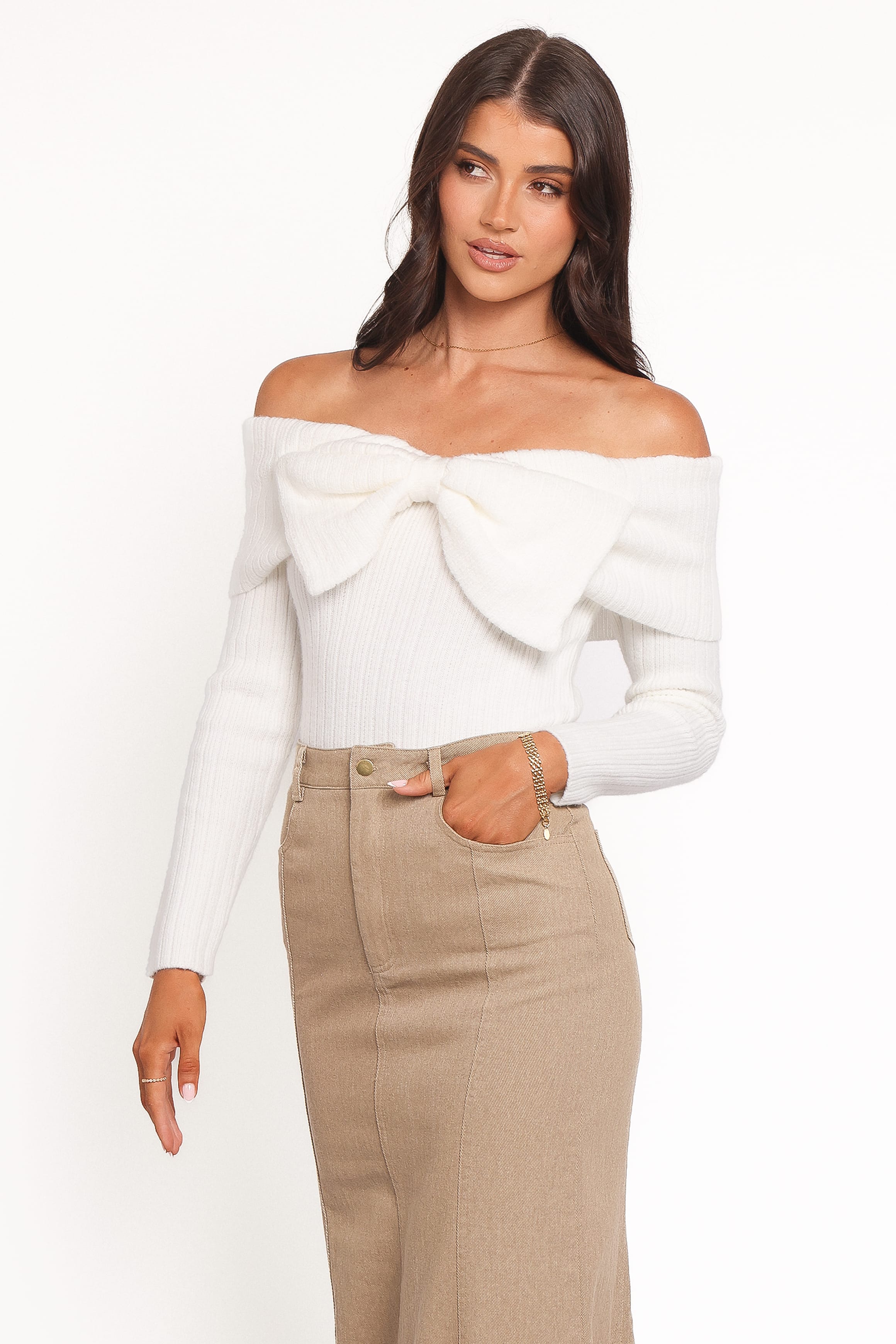 Helene Bow Off Shoulder Knit Sweater - Ivory