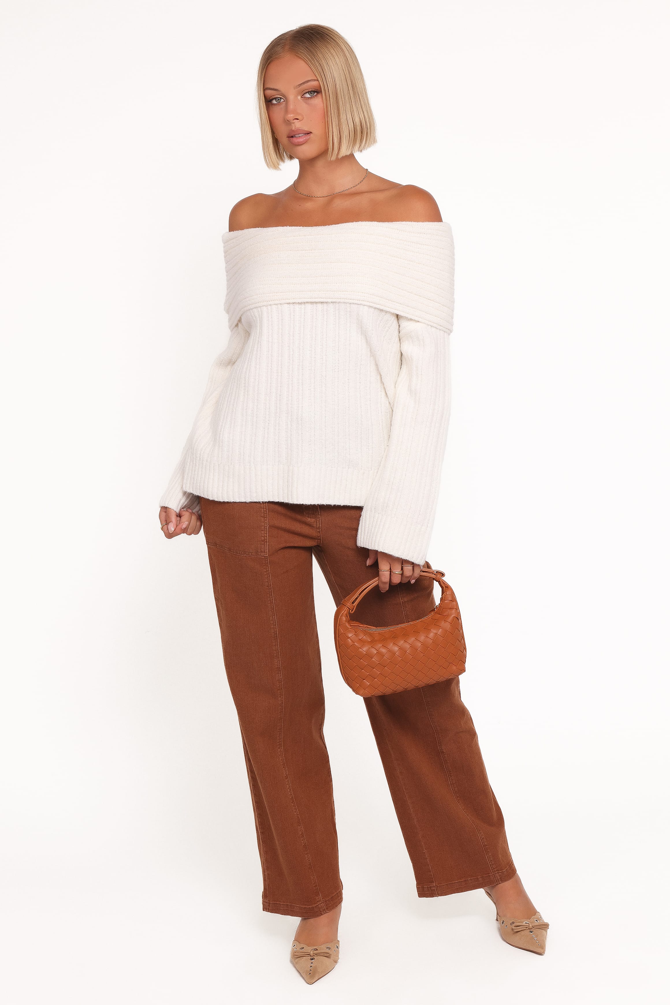 Kenny Off Shoulder Knit Sweater - Cream