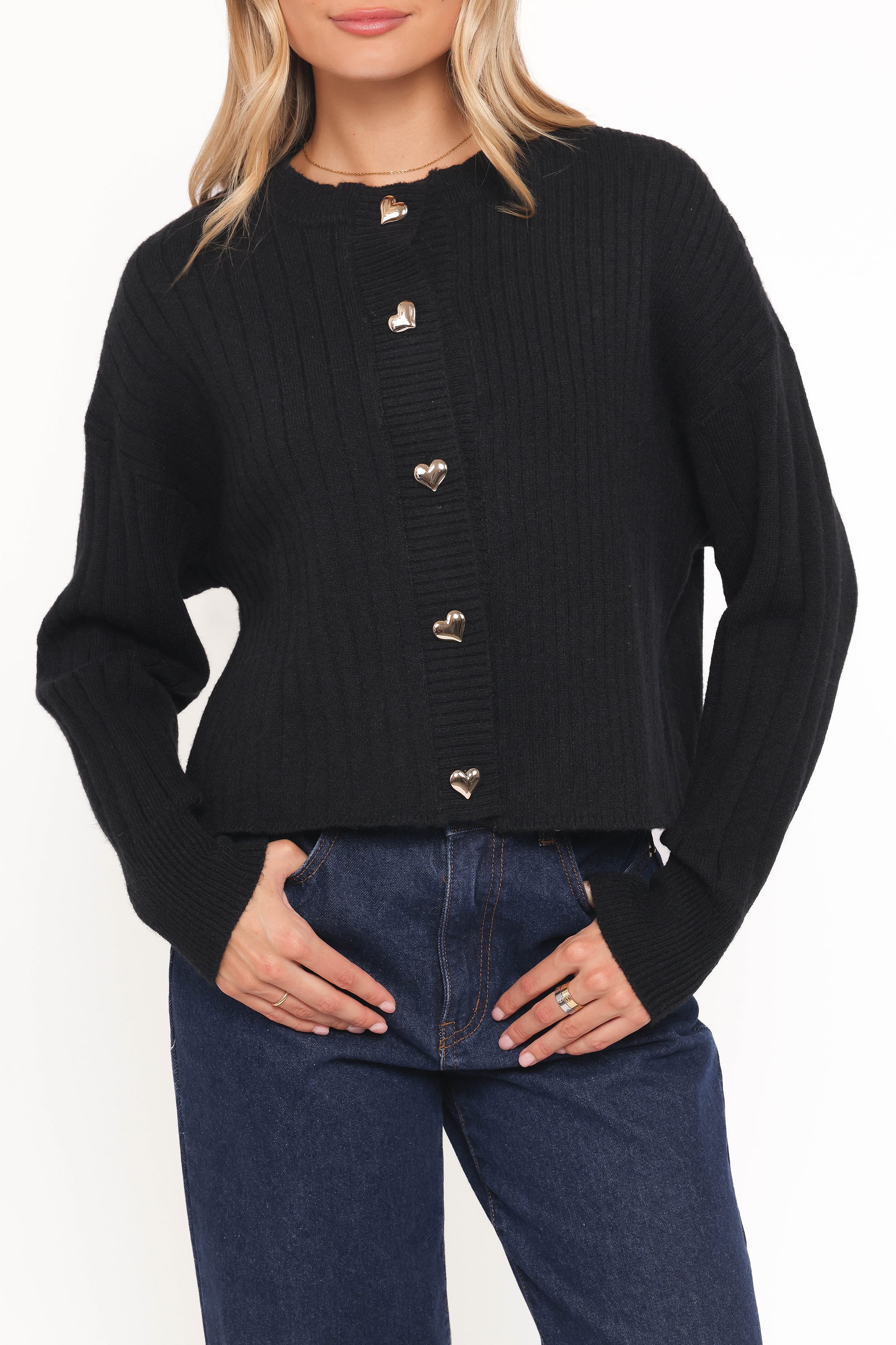 Loulani Heart Button Cardigan - Black