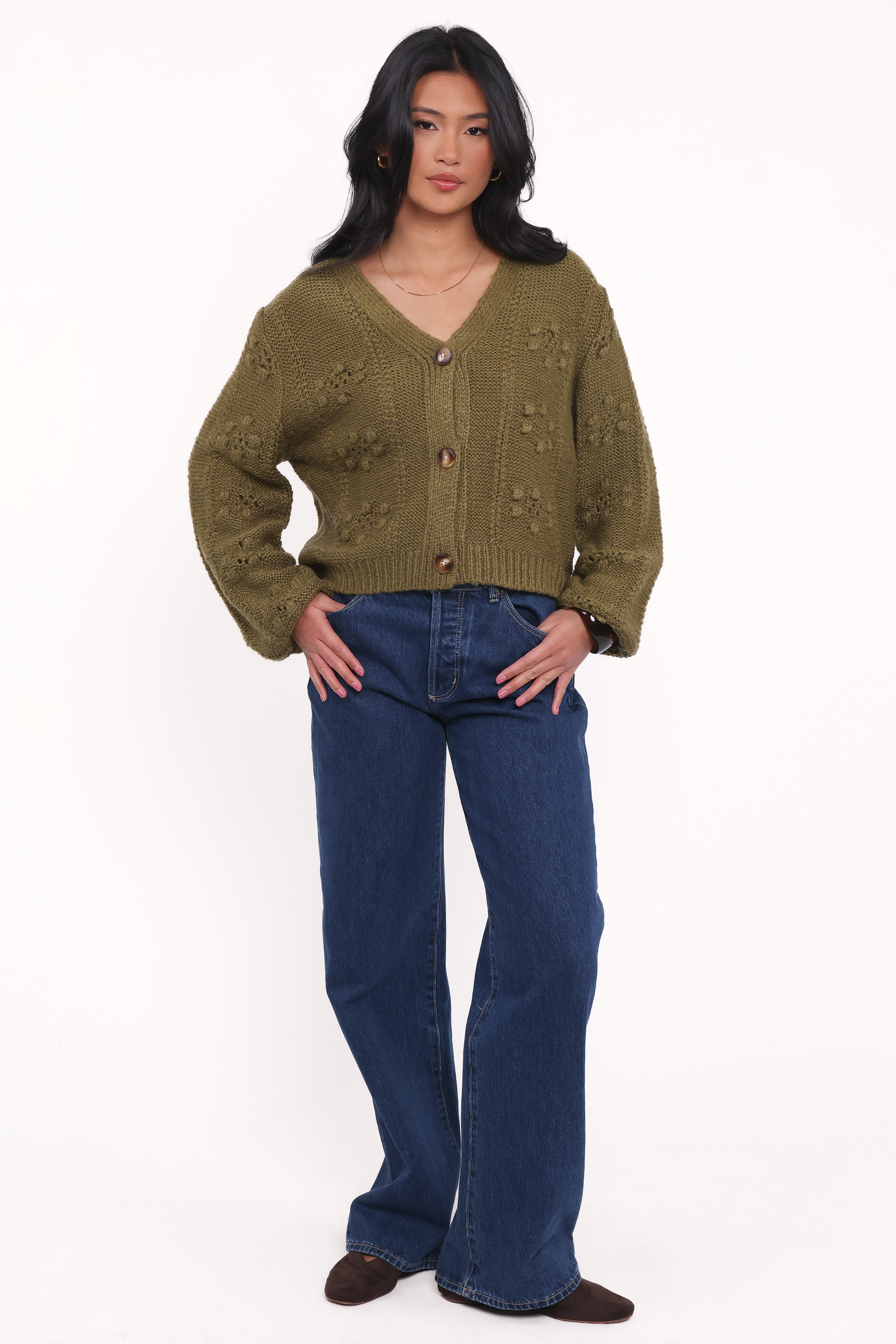 Melody Textured Button Up Cardigan - Olive