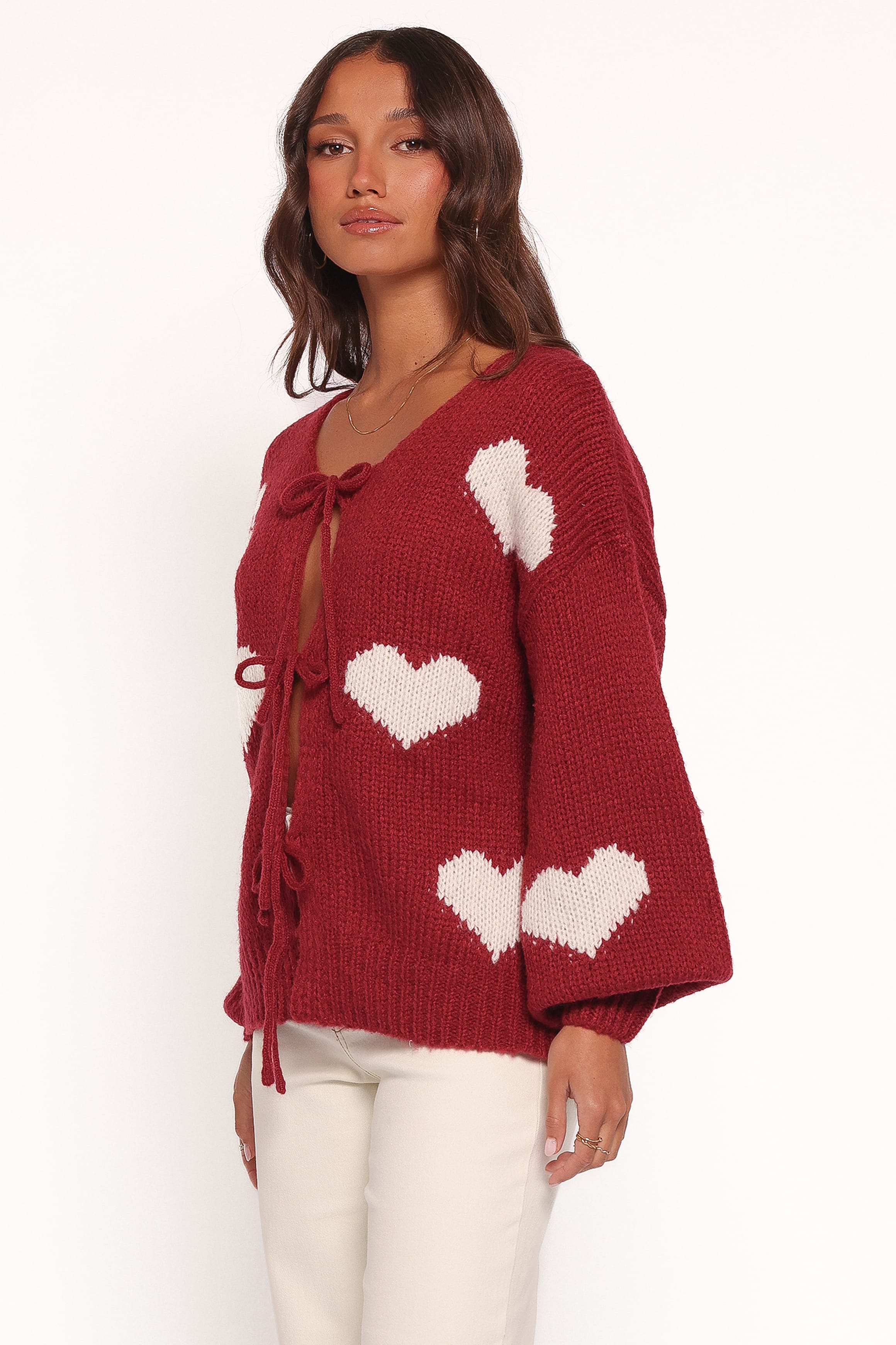 Nadine All Over Heart Tie Front Cardigan - Wine