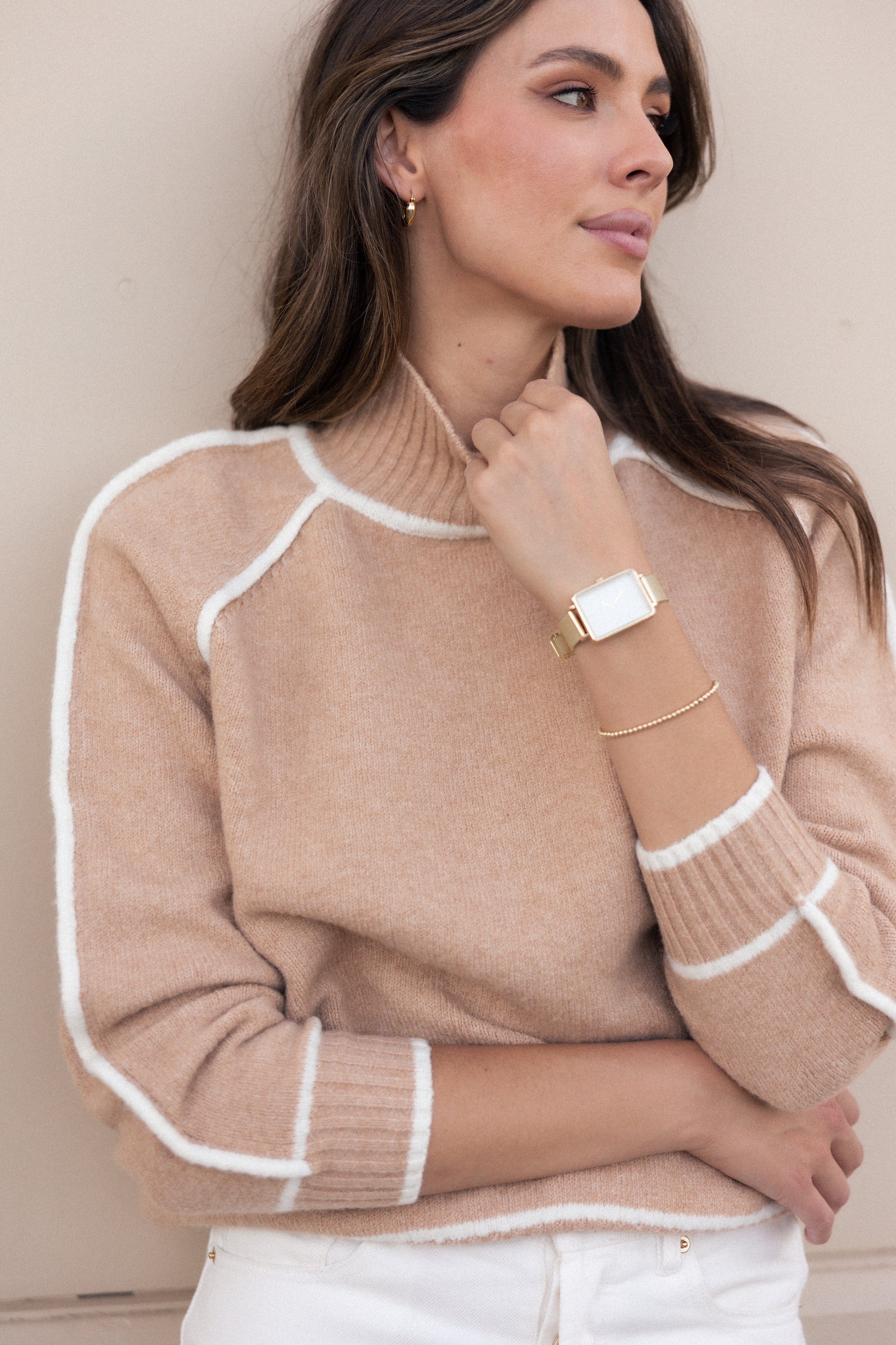Rylee Contrast Hem Knit Sweater - Camel