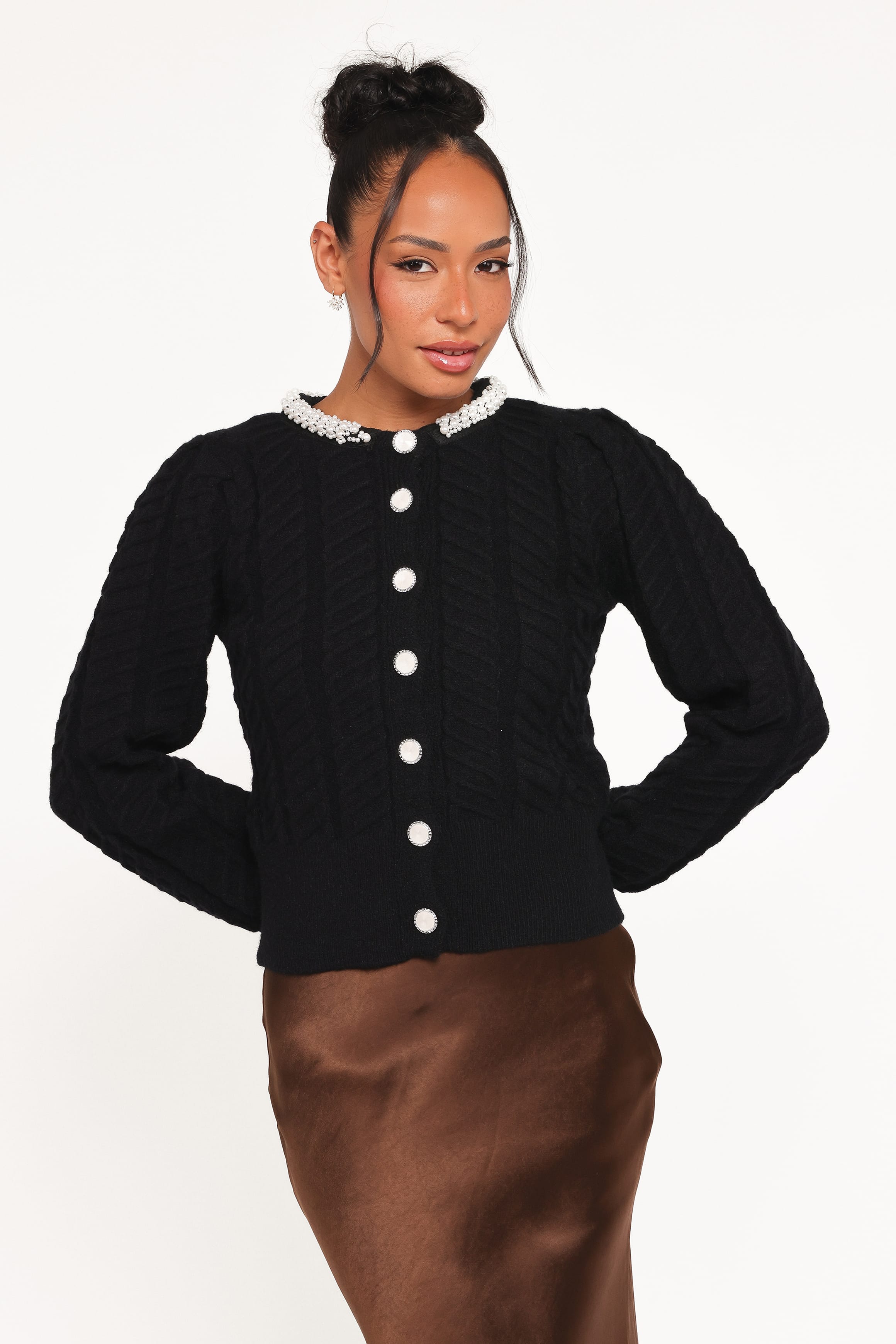 Sheena Rhinestone Collar Holiday Cardigan - Black