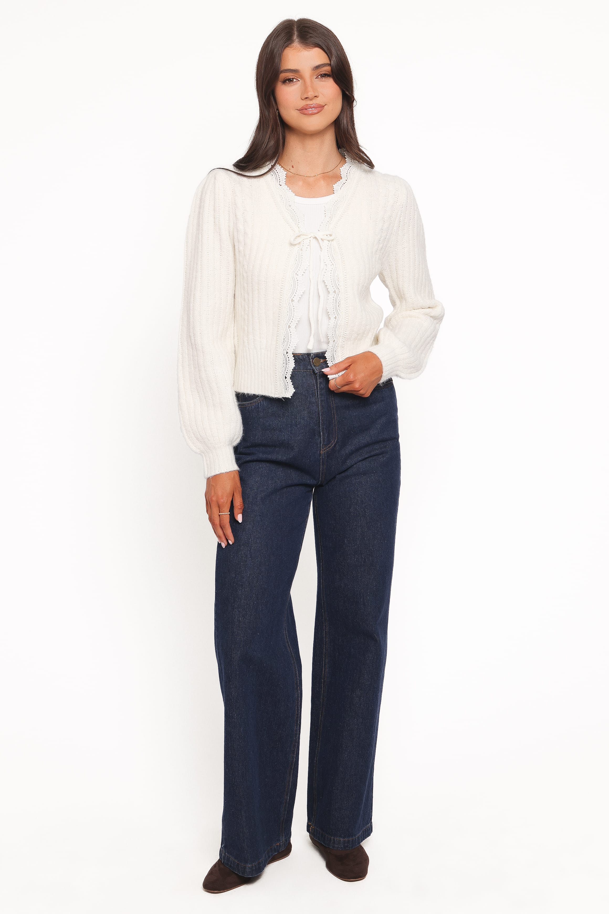 Silvie Lace Front Tie Cardigan - Cream