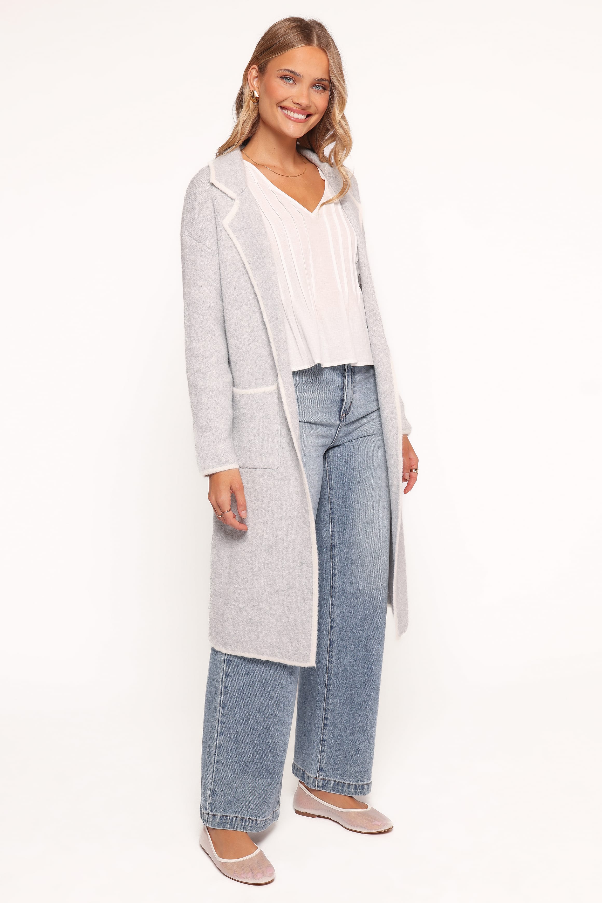Katia Contrast Trim Coatigan - Light Grey