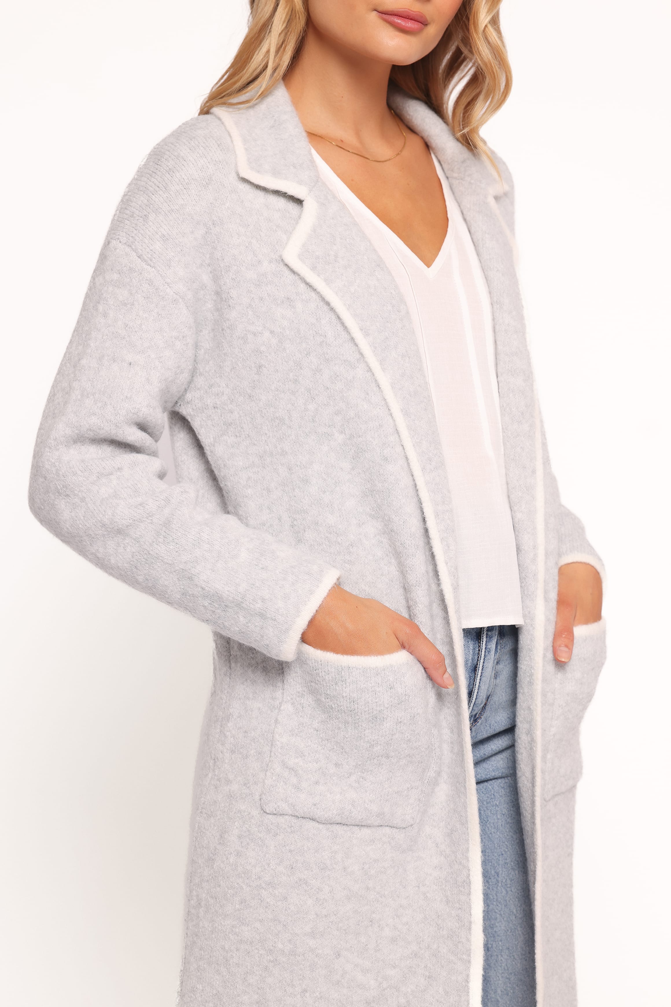 Katia Contrast Trim Coatigan - Light Grey