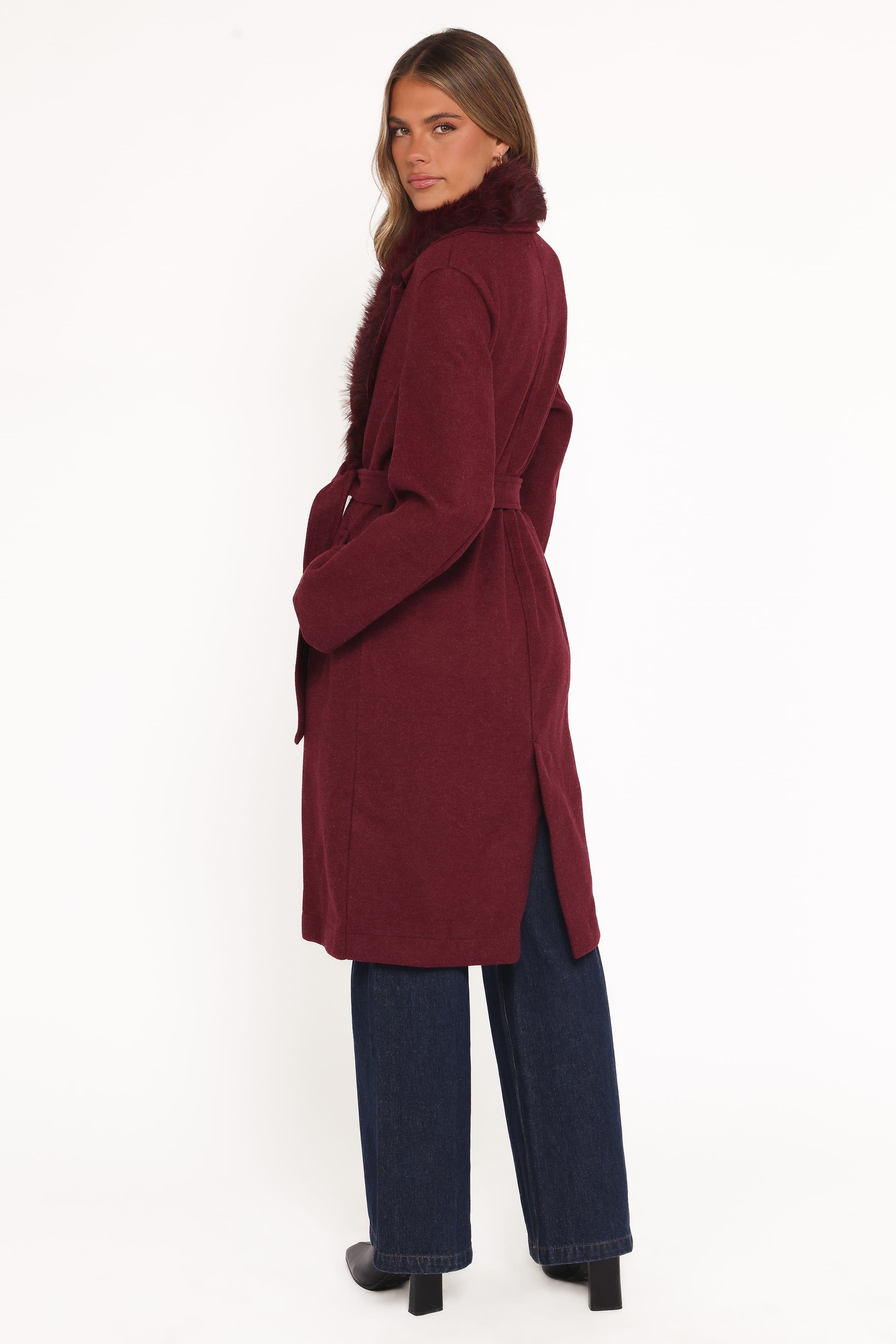 Nina Fur Collar Tie Waist Coat - Burgundy