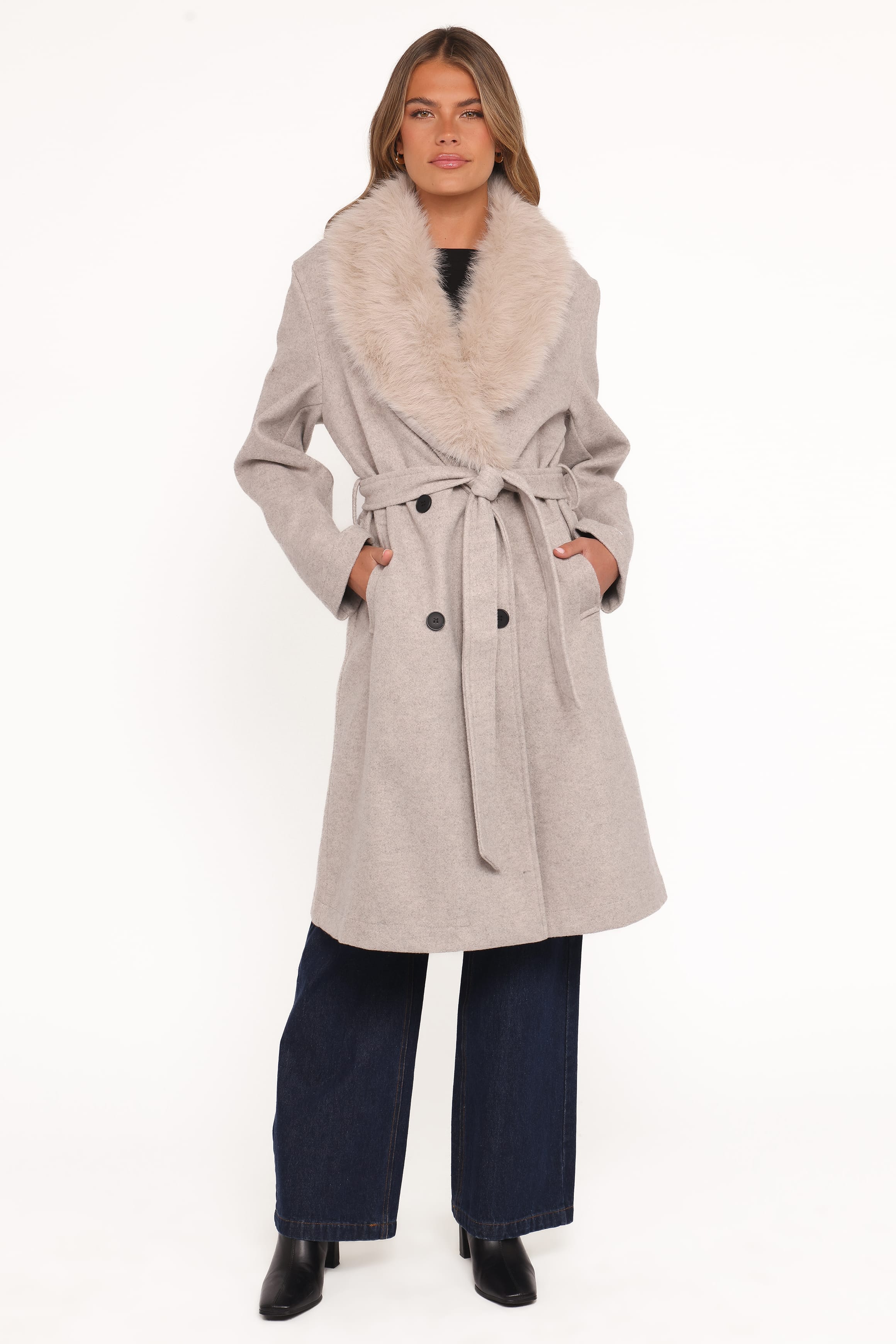 Nina Fur Collar Tie Waist Coat - Cream
