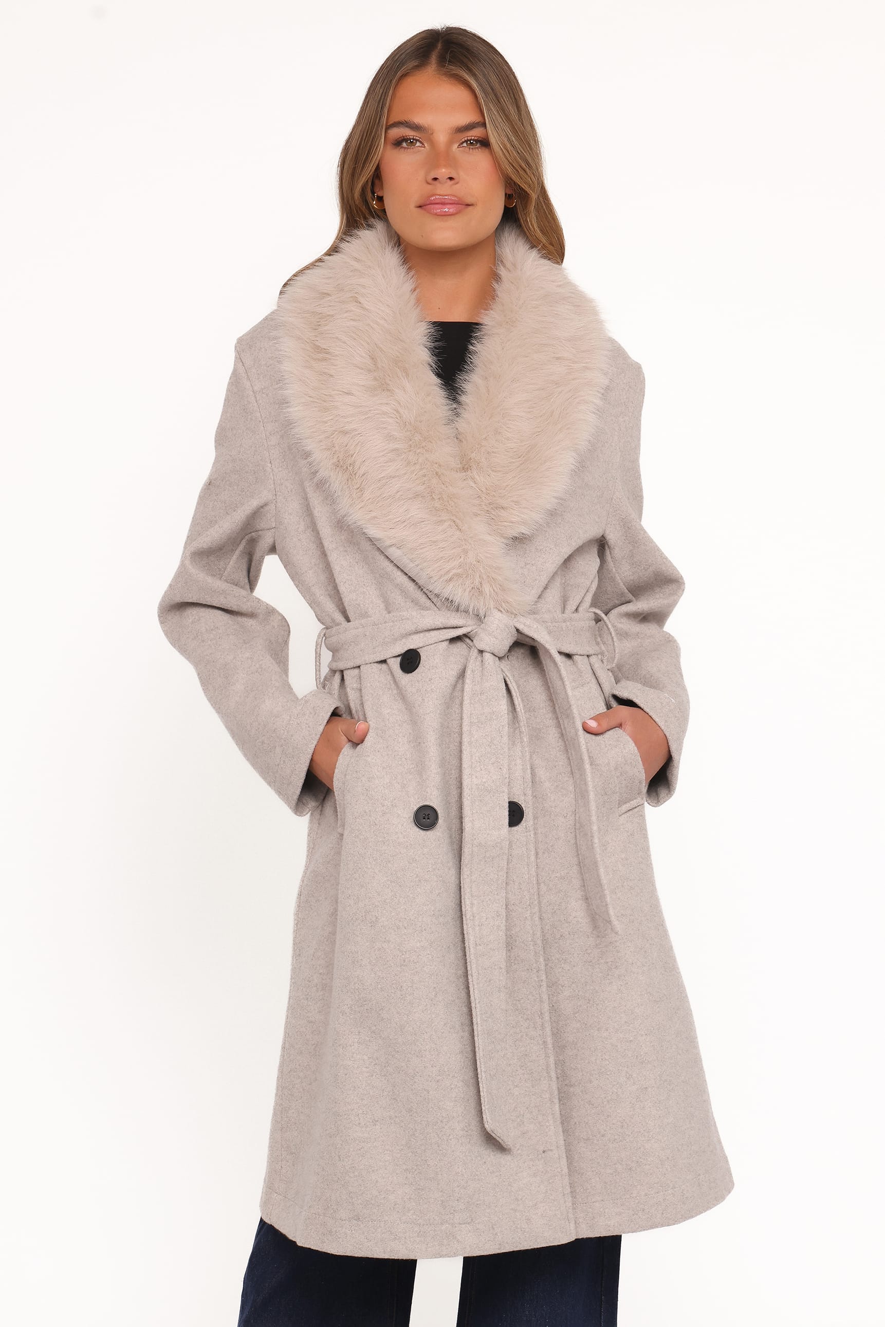 Nina Fur Collar Tie Waist Coat - Cream